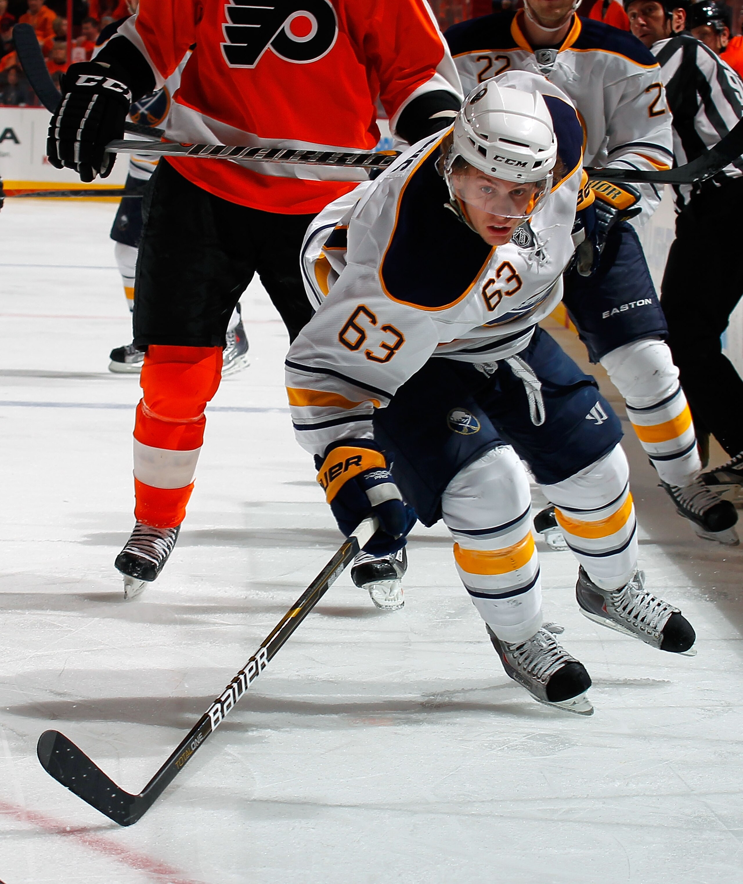 PHILADELPHIA, PA - APRIL 16:  Tyler Ennis #63 of the Buffalo Sabres skates against the Philadelphia Flyers in Game Two of the Eastern Conference Quarterfinals during the 2011 NHL Stanley Cup Playoffs at Wells Fargo Center on April 16, 2011 in Philadelphia