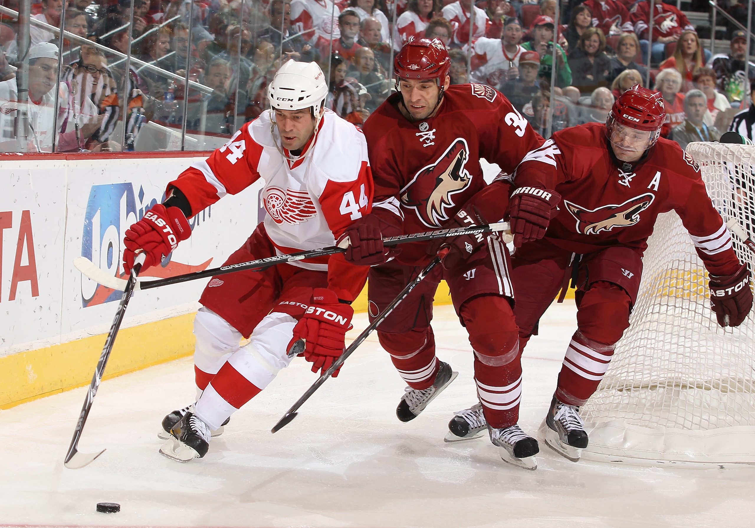 GLENDALE, AZ - MARCH 05:  Todd Bertuzzi #44 of the Detroit Red Wings skates with the puck under pressure from Michal Rozsival #32 and Vernon Fiddler #38 of the Phoenix Coyotes during the third period of the NHL game at Jobing.com Arena on March 5, 2011 in