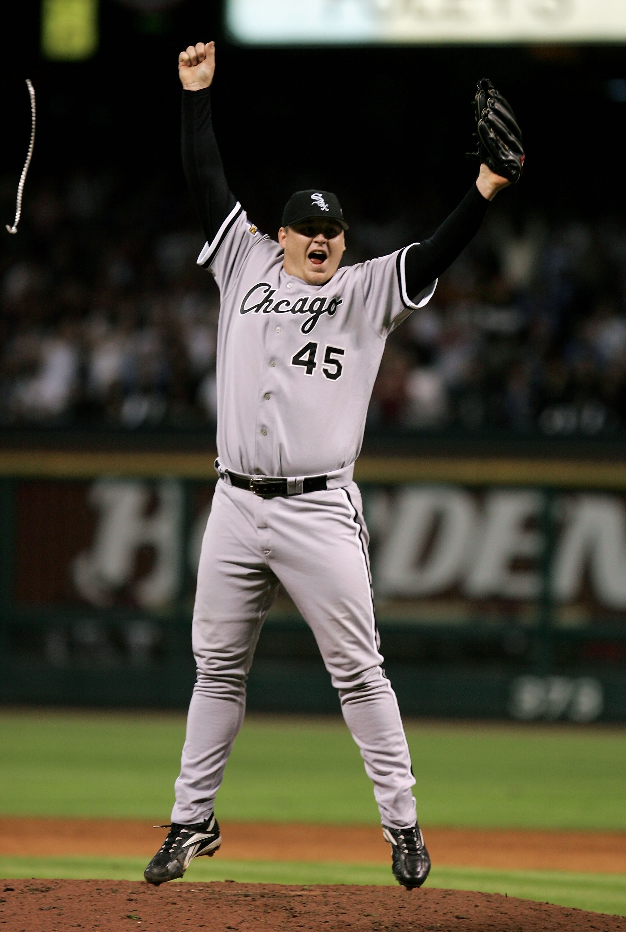 HOUSTON - OCTOBER 26:  Closing pitcher Bobby Jenks #45 of the Chicago White Sox celebrates after winning Game Four of the 2005 Major League Baseball World Series against the Houston Astros at Minute Maid Park on October 26, 2005 in Houston, Texas. The Chi