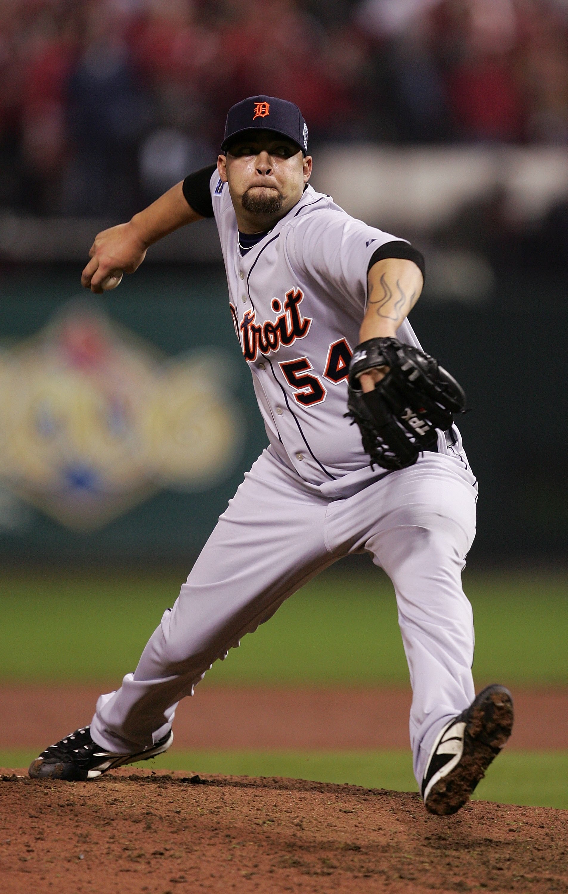ST LOUIS - OCTOBER 26:  Relief pitcher Joel Zumaya #54 of the Detroit Tigers pitches against the St. Louis Cardinals during Game Four of the 2006 World Series on October 26, 2006 at Busch Stadium in St. Louis, Missouri. The Cardinals defeated the Tigers 5