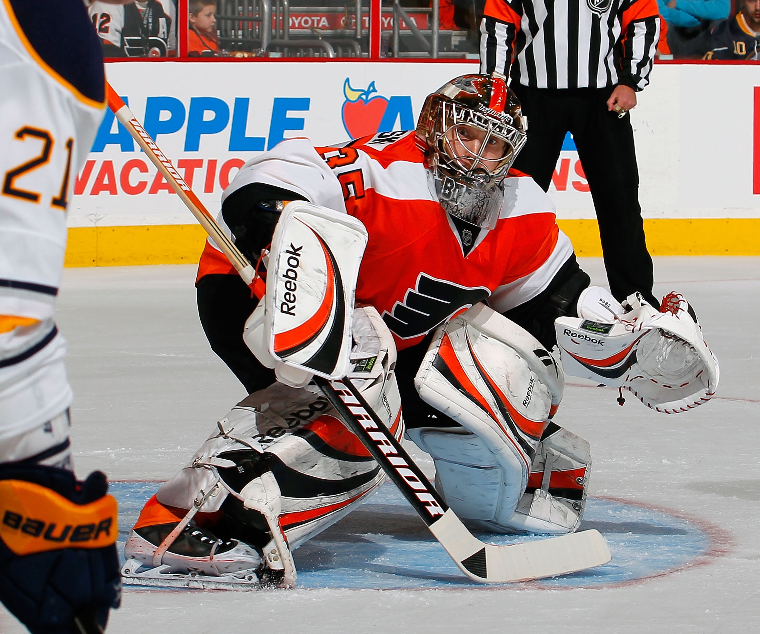PHILADELPHIA, PA - APRIL 16:  Goalie Sergei Bobrovsky #35 of the Philadelphia Flyers defends the net in Game Two of the Eastern Conference Quarterfinals against the Buffalo Sabres during the 2011 NHL Stanley Cup Playoffs at Wells Fargo Center on April 16,