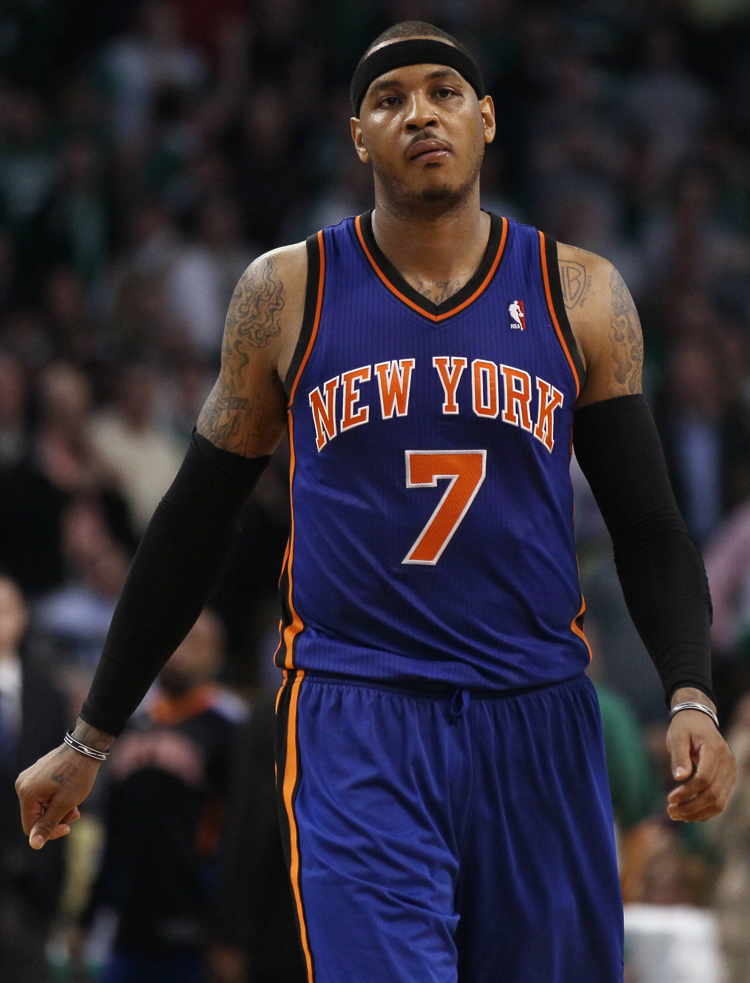BOSTON, MA - APRIL 19:  Carmelo Anthony #7 of the New York Knicks reacts late in the fourth quarter against the Boston Celtics in Game Two of the Eastern Conference Quarterfinals in the 2011 NBA Playoffs on April 19, 2011 at the TD Garden in Boston, Massa