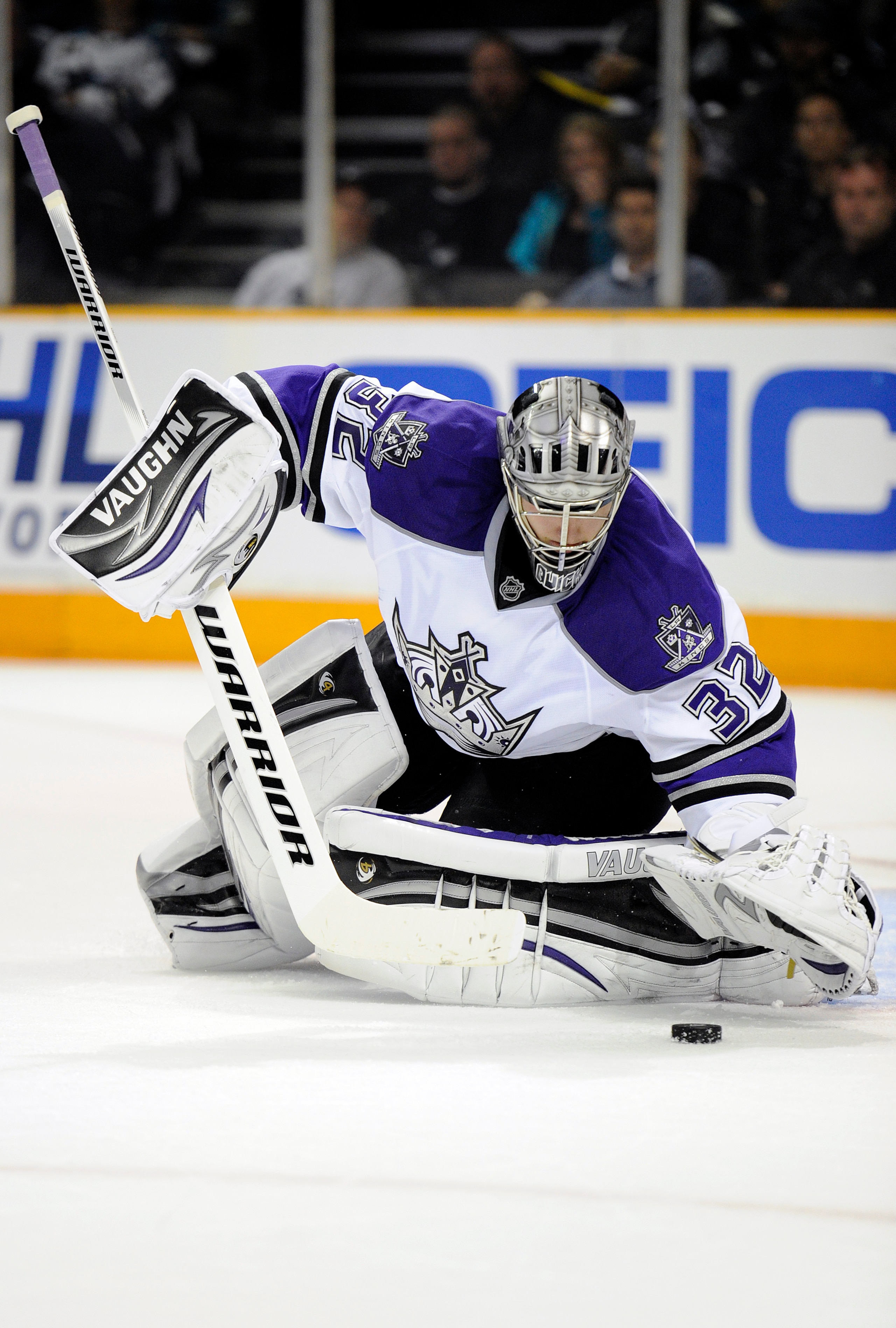SAN JOSE, CA - APRIL 16: Jonathan Quick #32 of the Los Angeles Kings makes a glove hand save against the San Jose Sharks in Game Two of the Western Conference Quarterfinals  during the 2011 NHL Stanley Cup Playoffs at the HP Pavilion on April 16, 2011 in