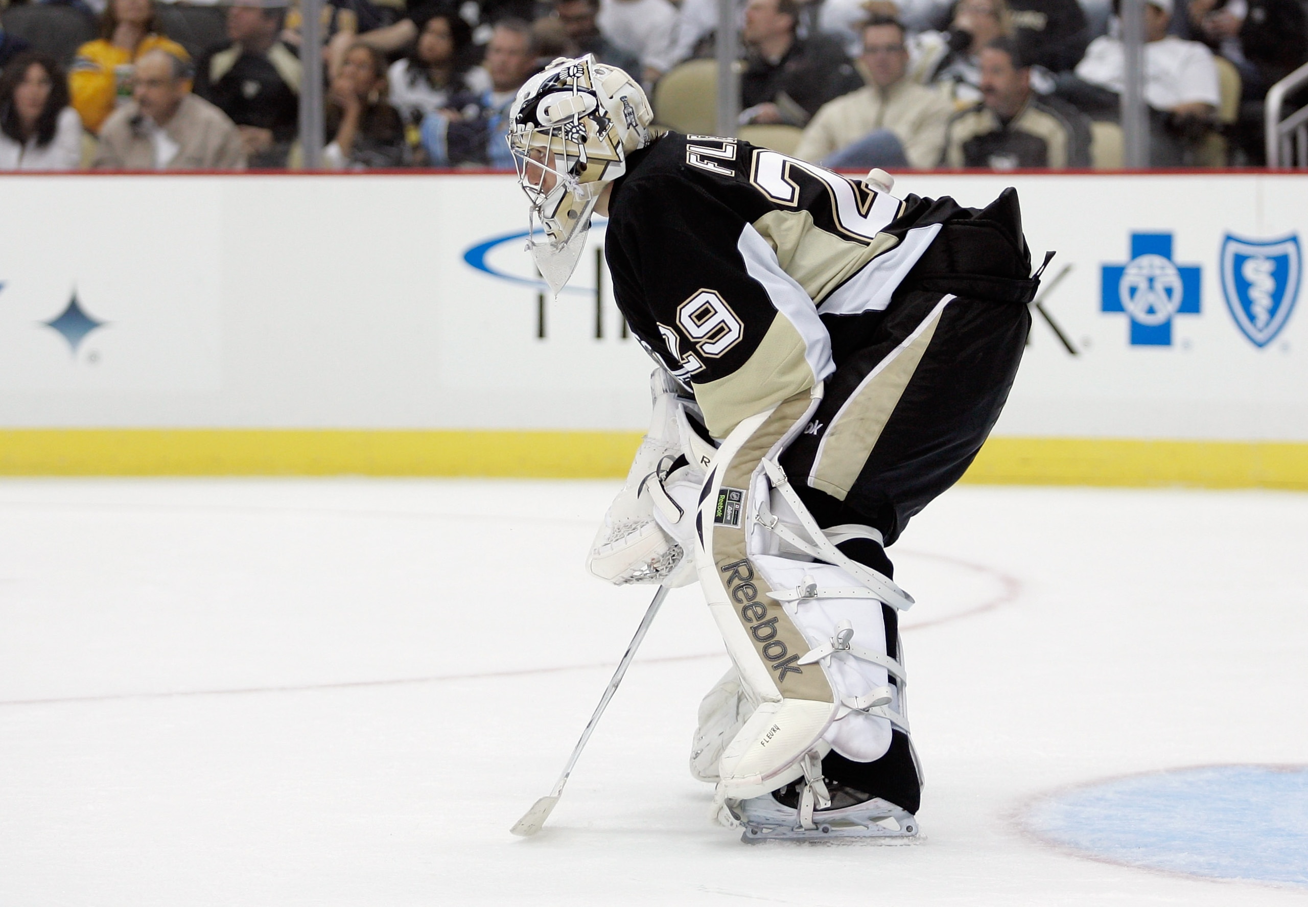 PITTSBURGH, PA - APRIL 15:  Marc-Andre Fleury #29 of the Pittsburgh Penguins waits at the net during the game with the Tampa Bay Lightning during Game Two of the Eastern Conference Quarterfinals during the 2011 NHL Stanley Cup Playoffs at Consol Energy Ce