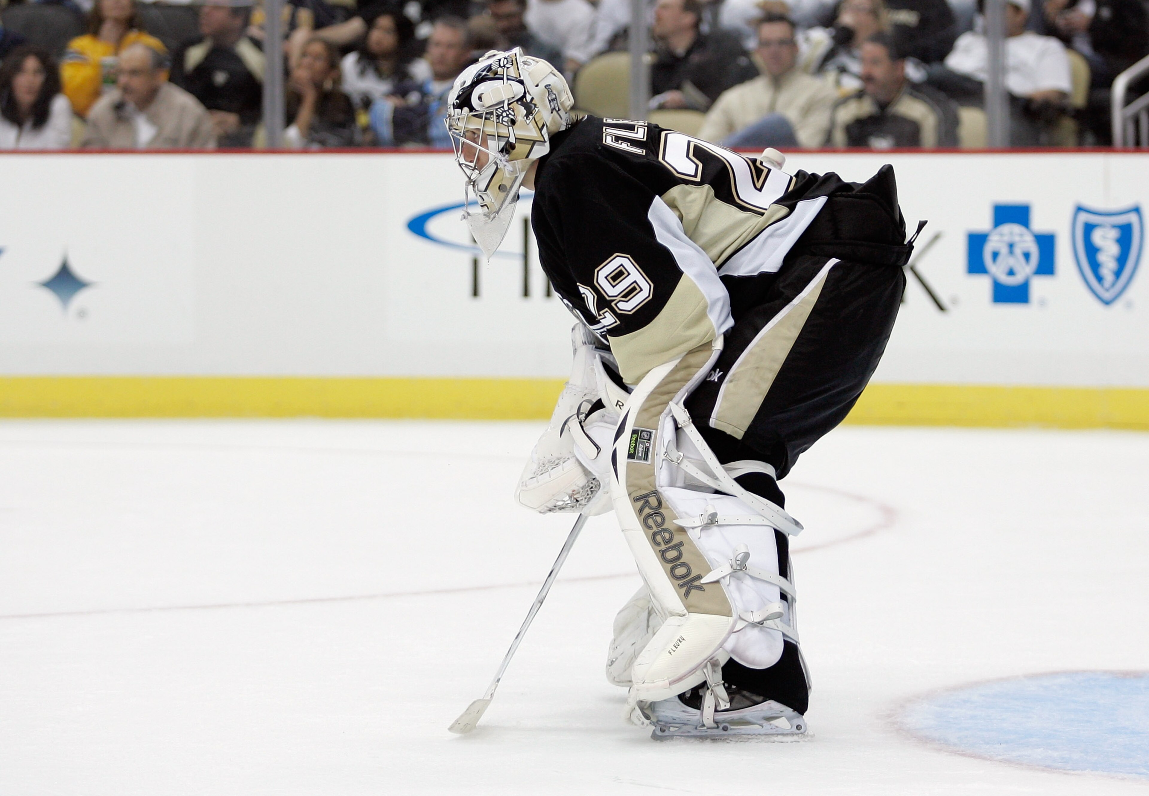 PITTSBURGH, PA - APRIL 15: Marc-Andre Fleury #29 of the Pittsburgh Penguins waits at the net during the game with the Tampa Bay Lightning during Game Two of the Eastern Conference Quarterfinals during the 2011 NHL Stanley Cup Playoffs at Consol Energy Ce PITTSBURGH, PA - APRIL 15: Marc-Andre Fleury #29 of the Pittsburgh Penguins waits at the net during the game with the Tampa Bay Lightning during Game Two of the Eastern Conference Quarterfinals during the 2011 NHL Stanley Cup Playoffs at Consol Energy Ce