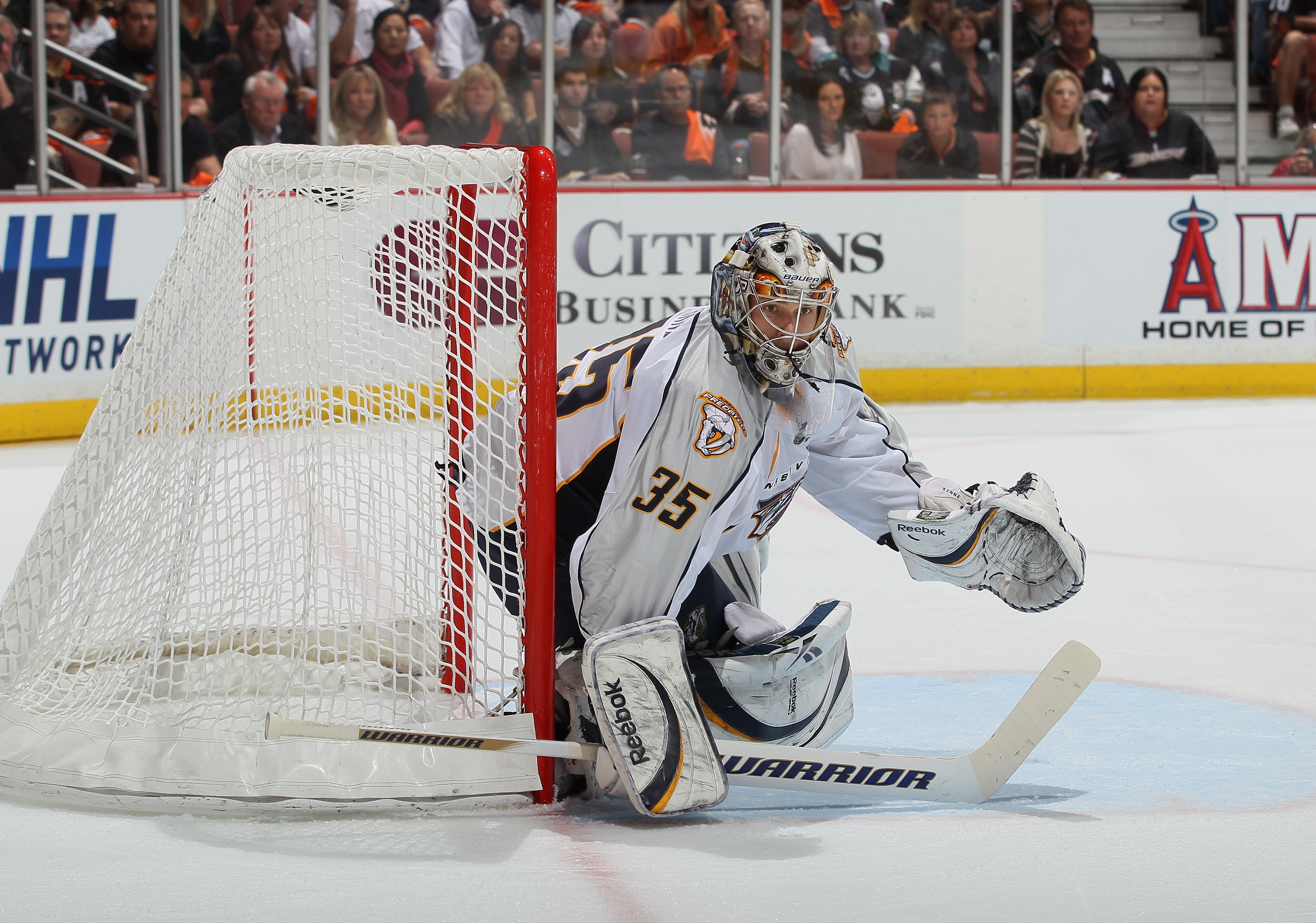 ANAHEIM, CA - APRIL 15:  Goaltender Pekka Rinne #35 of the Nashville Predators defends against the Anaheim Ducks in Game Two of the Western Conference Quarterfinals during the 2011 NHL Stanley Cup Playoffs at Honda Center on April 15, 2011 in Anaheim, Cal