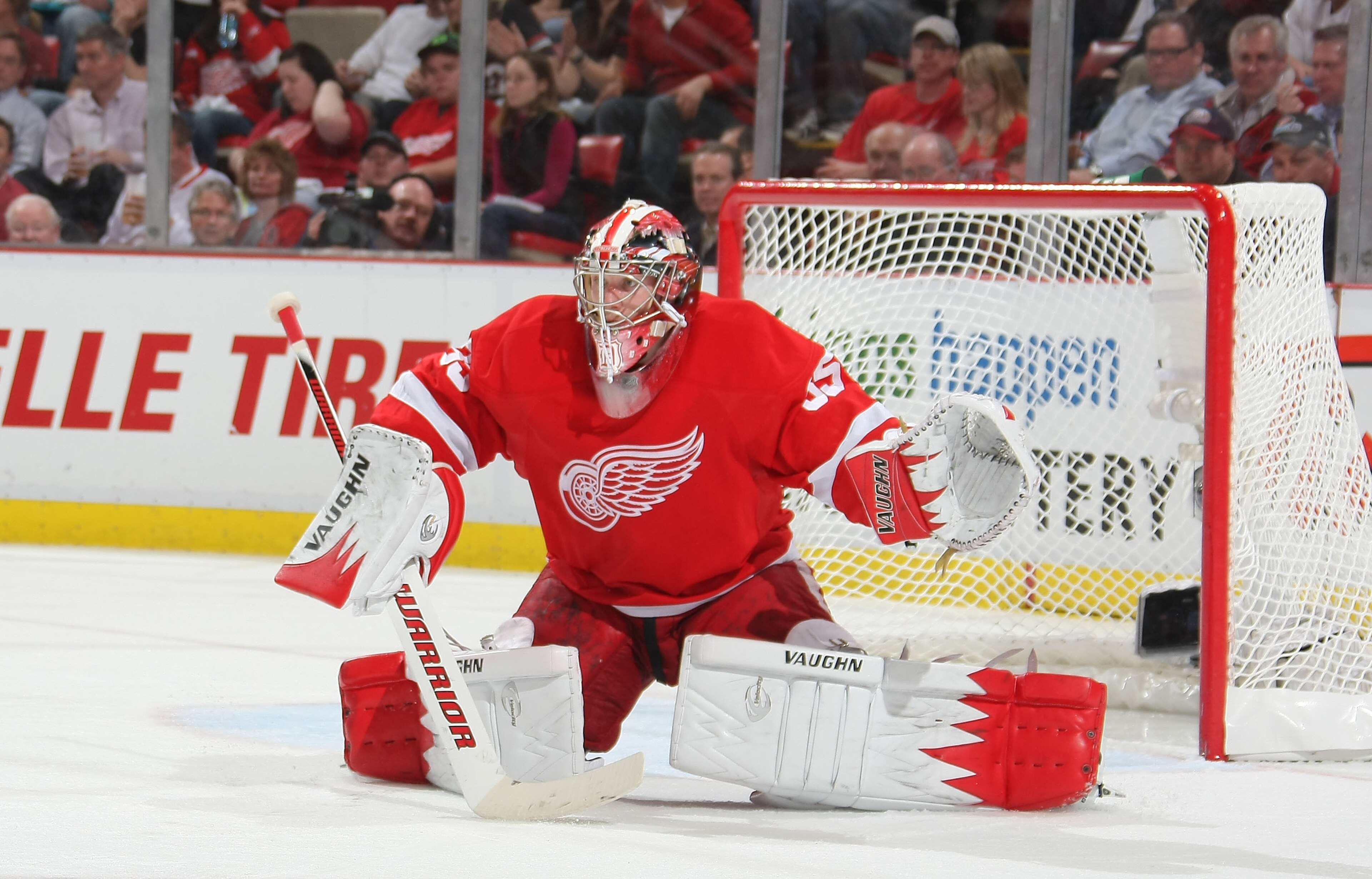DETROIT, MI- APRIL 13: Jimmy Howard #35 of the Detroit Red Wings keeps an eye on play against the Phoenix Coyotes in Game One of the Western Conference Quarterfinals during the 2011 NHL Stanley Cup Playoffs at Joe Louis Arena on April 13, 2011 in Detroit DETROIT, MI- APRIL 13: Jimmy Howard #35 of the Detroit Red Wings keeps an eye on play against the Phoenix Coyotes in Game One of the Western Conference Quarterfinals during the 2011 NHL Stanley Cup Playoffs at Joe Louis Arena on April 13, 2011 in Detroit