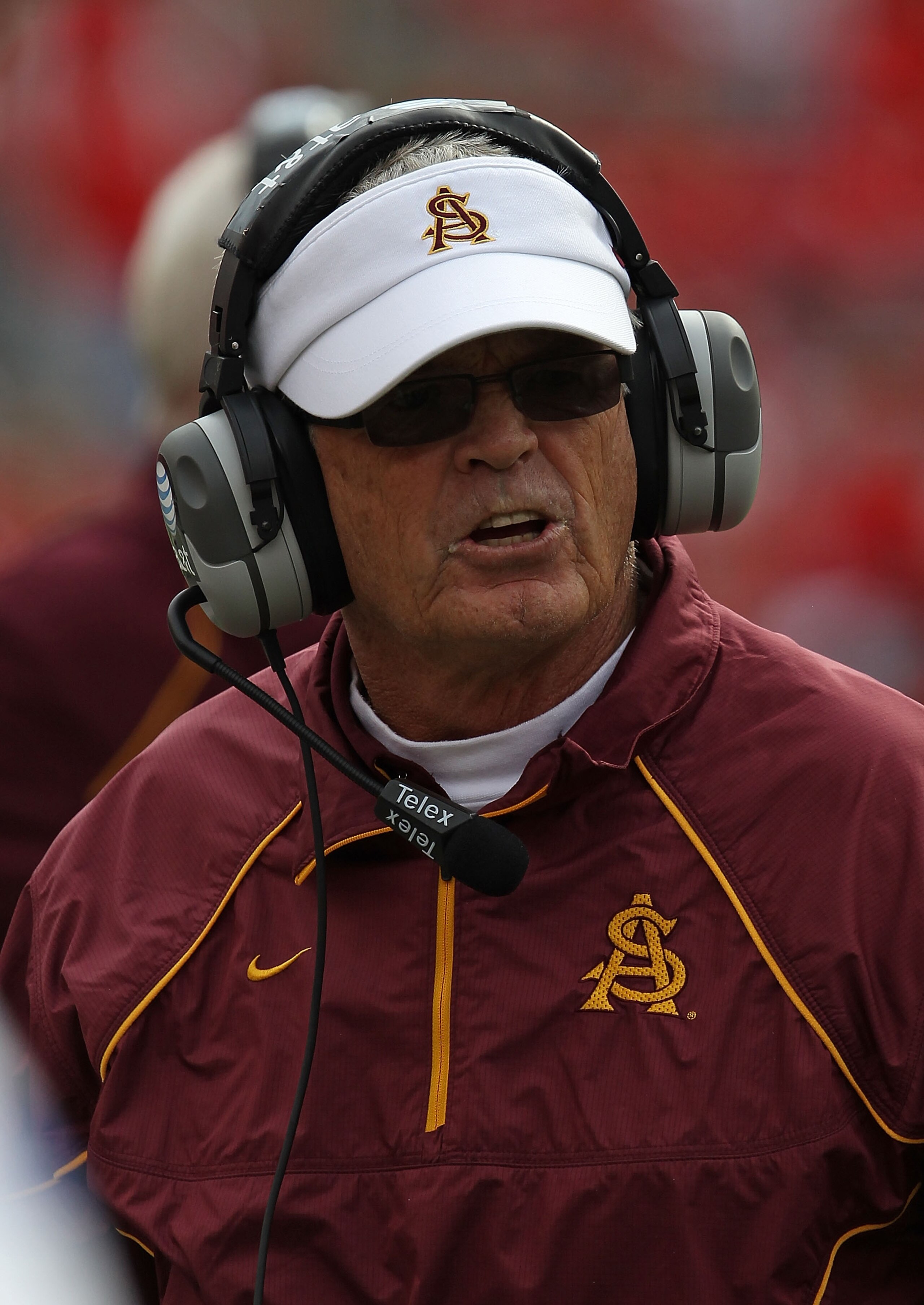 MADISON, WI - SEPTEMBER 18: Head coach Dennis Erickson of the Arizona State Sun Devils argues with a referee during a game against the Wisconsin Badgers at Camp Randall Stadium on September 18, 2010 in Madison, Wisconsin. Wisconsin defeated Arizona State