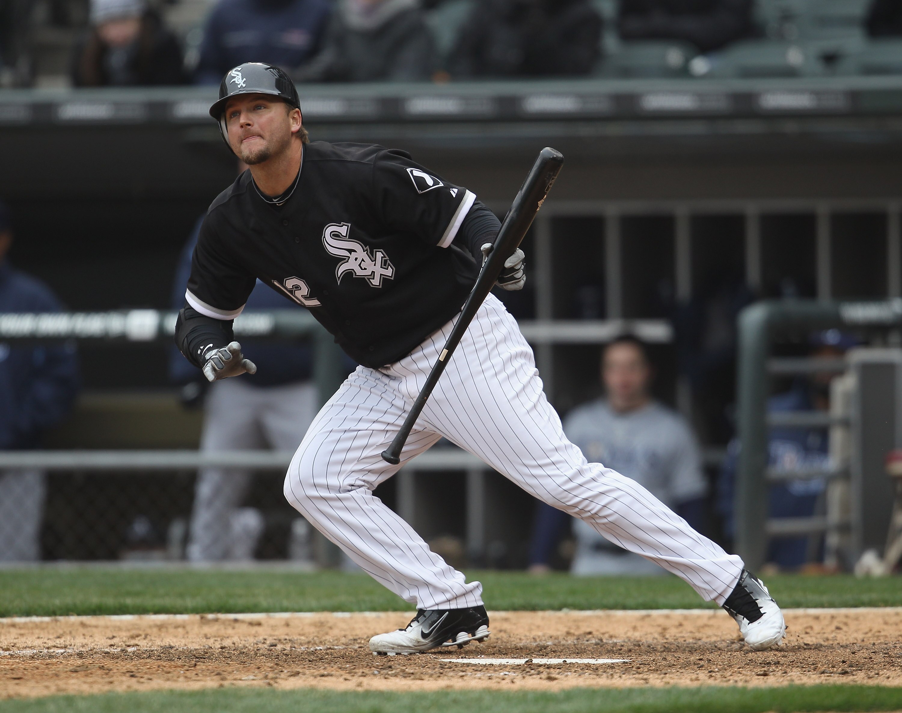 CHICAGO, IL - APRIL 07: A.J. Pierzynski #12 of the Chicago White Sox watches the ball after an attempted bunt against the Tampa Bay Rays during the home opener at U.S. Cellular Field on April 7, 2011 in Chicago, Illinois. The White Sox defeated the Rays 5