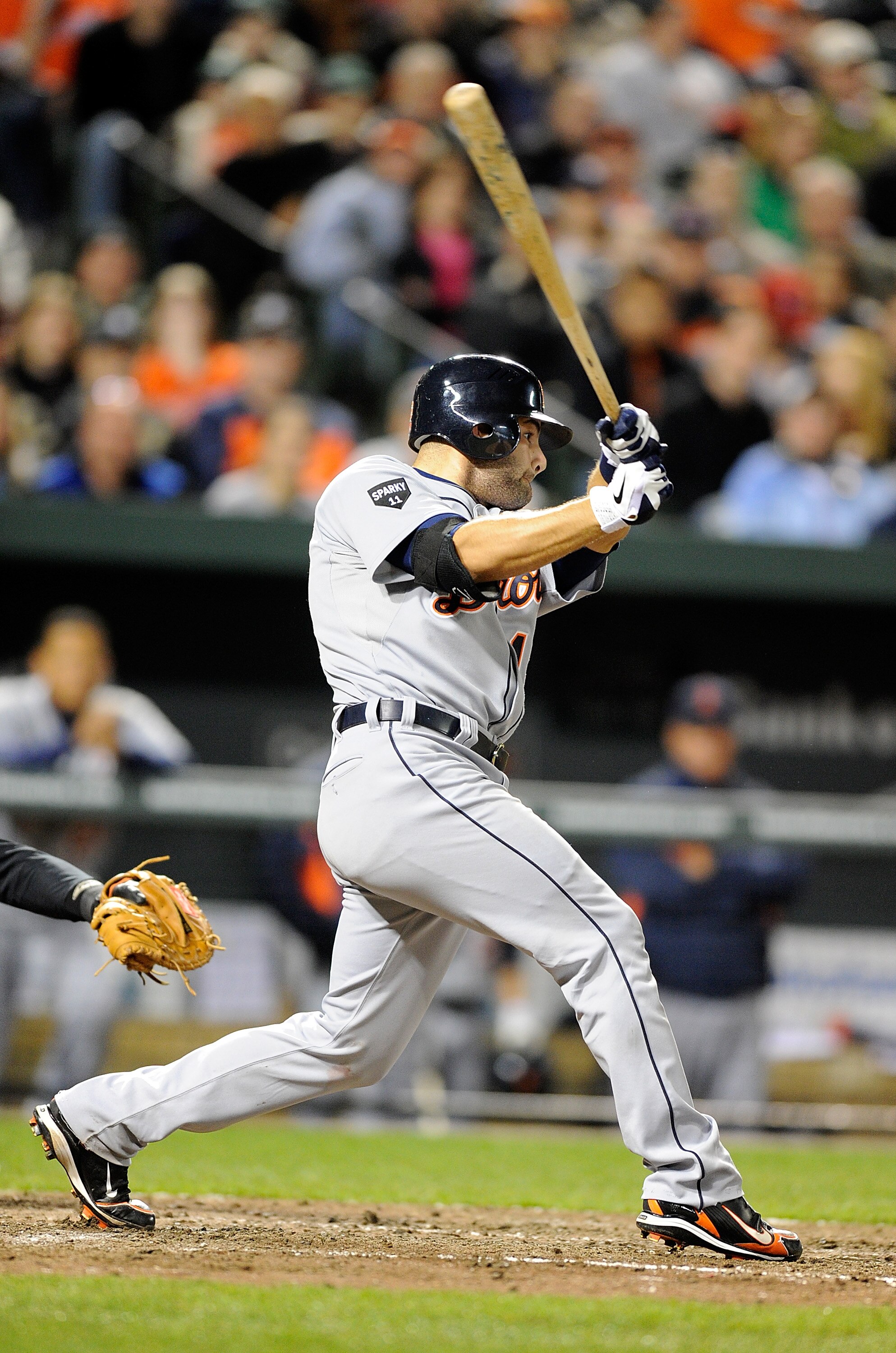 BALTIMORE, MD - APRIL 06:  Alex Avila #13 of the Detroit Tigers hits a single in the eighth inning against the Baltimore Orioles at Oriole Park at Camden Yards on April 6, 2011 in Baltimore, Maryland. The Tigers won the game 7-3.  (Photo by Greg Fiume/Get