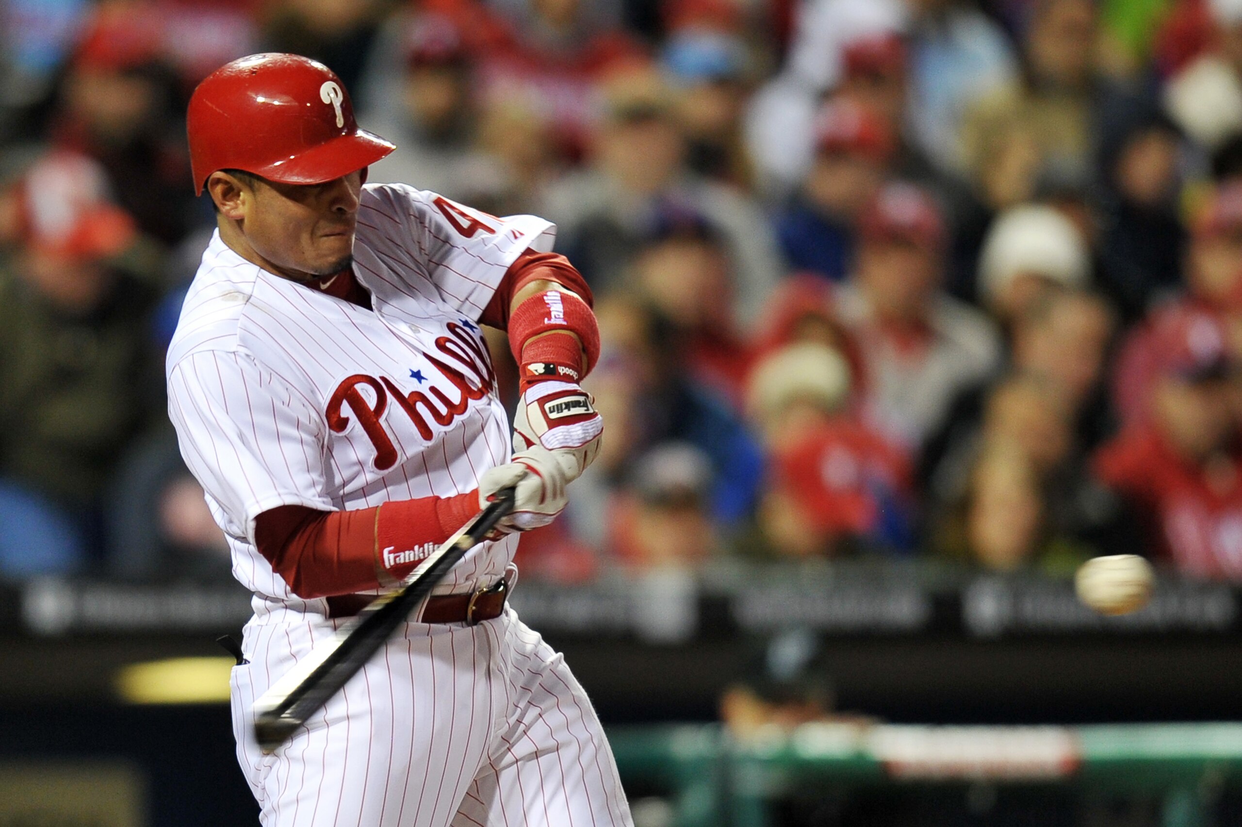 PHILADELPHIA, PA - APRIL 15: Carlos Ruiz #51 of the Philadelphia Phillies hits a double during the game against the Florida Marlins at Citizens Bank Park on April 15, 2011 in Philadelphia, Pennsylvania. (Photo by Drew Hallowell/Getty Images) PHILADELPHIA, PA - APRIL 15: Carlos Ruiz #51 of the Philadelphia Phillies hits a double during the game against the Florida Marlins at Citizens Bank Park on April 15, 2011 in Philadelphia, Pennsylvania. (Photo by Drew Hallowell/Getty Images)
