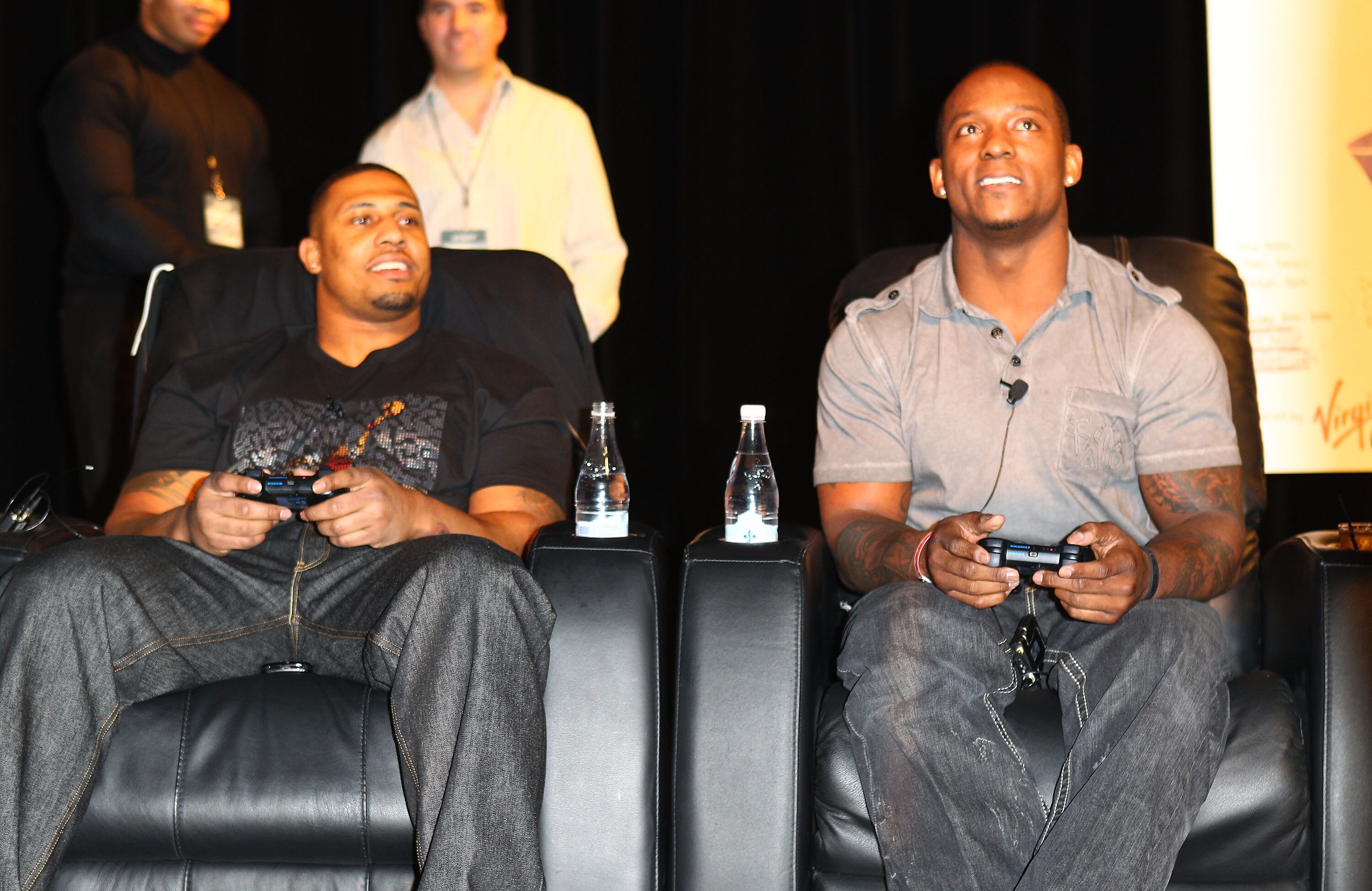 GRAPEVINE, TX - FEBRUARY 03:  NFL players Lamarr Woodley of the Pittsburgh Steelers (L) and Willis McGahee of the Baltimore Ravens attend the Coke Zero black carpet at the EA SPORTS Madden Bowl XVII at The Glass Cactus on February 3, 2011 in Grapevine, Te