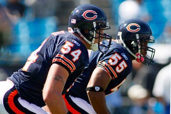 CHARLOTTE, NC - OCTOBER 10: Linebacker Brian Urlacher #54 of the Chicago Bears and linebacker Lance Briggs #55 of the Chicago Bears line up during warm ups prior to the Bears game against the Carolina Panthers at Bank of America Stadium on October 10, 201