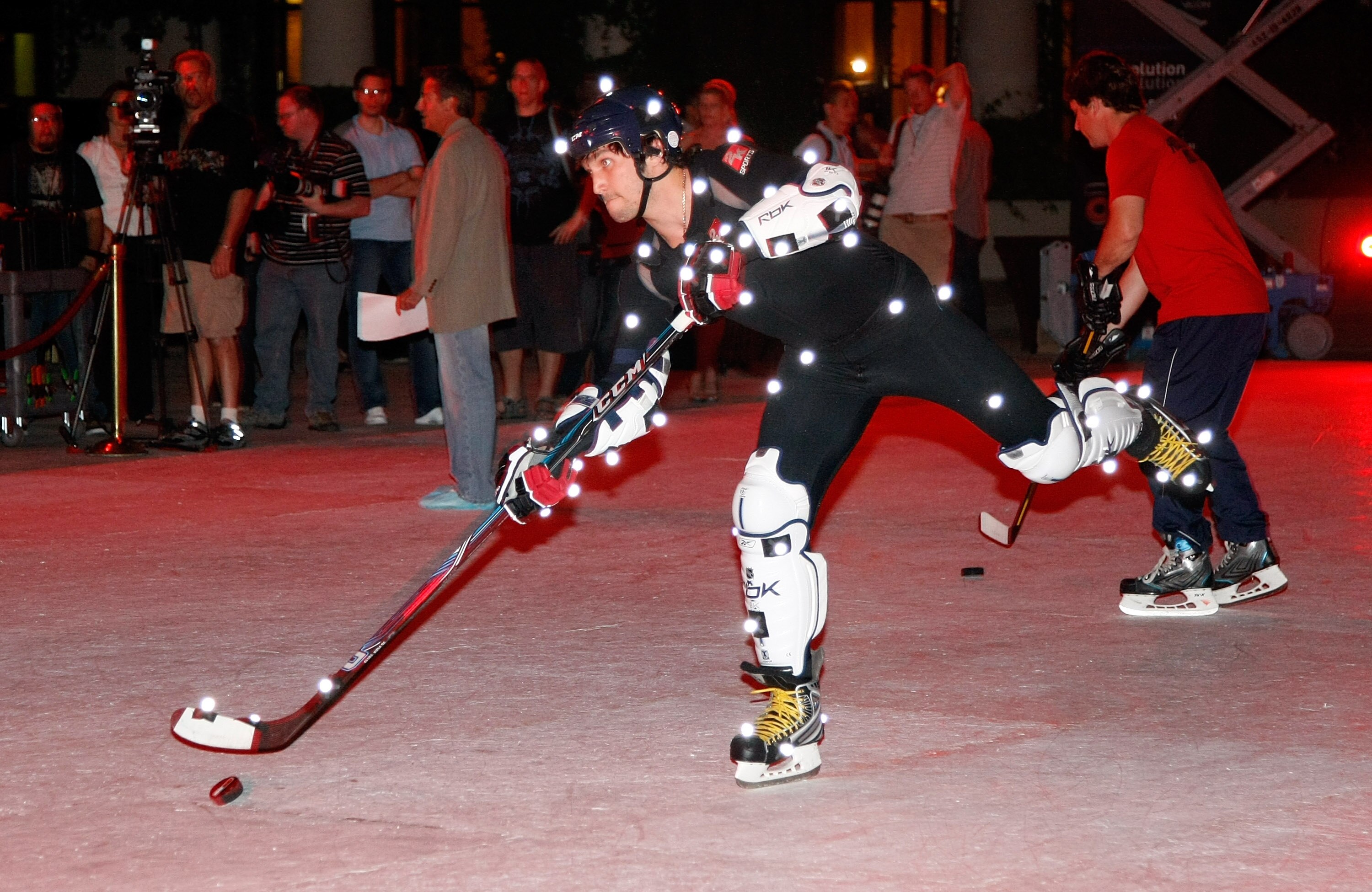 LAS VEGAS - JUNE 16:  NHL player Alex Ovechkin of the Washington Capitals wears retroreflective markers as he shoots during 2K Sports' first-ever outdoor hockey motion capture for the upcoming video game, 'NHL 2K10' at Caesars Palace June 16, 2009 in Las