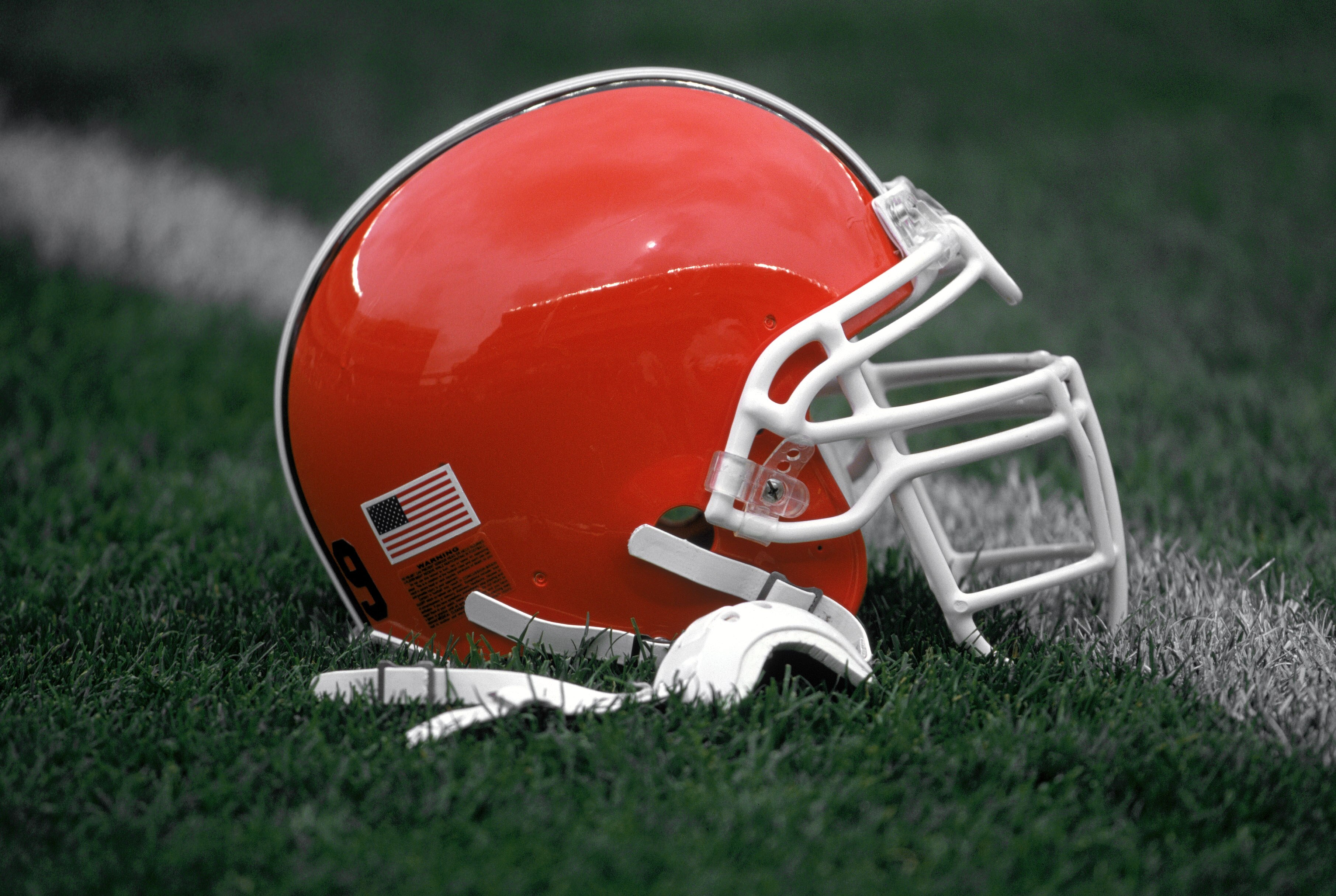 CLEVELAND - SEPTEMBER 15:  Detail of the helmet of the Cleveland Browns before the NFL game against the Cincinnati Bengals on September 15, 2002 at Cleveland Browns Stadium in Cleveland, Ohio.  The Browns won 20-7.  (Photo by Paul Spinelli/Getty Images)