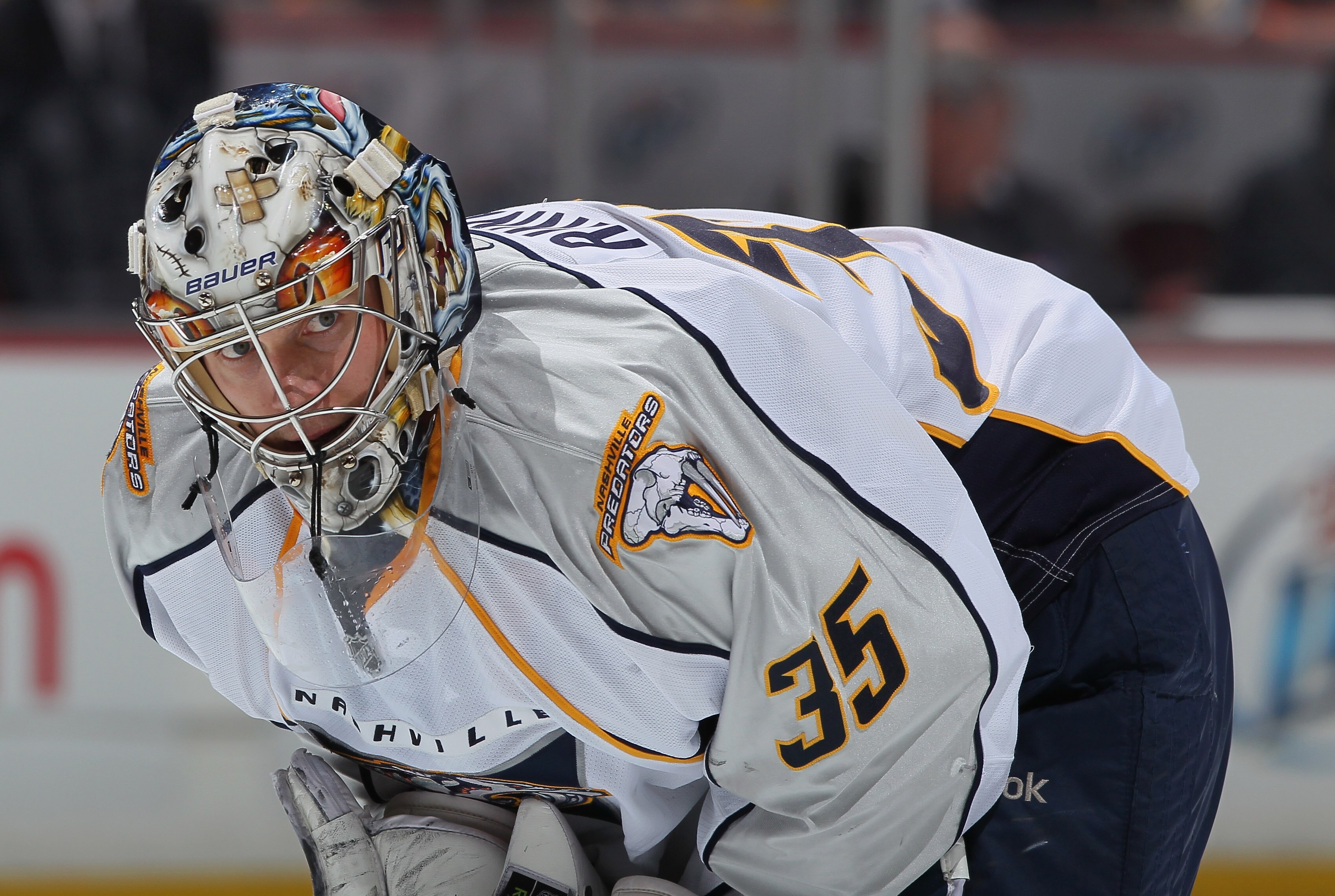 ANAHEIM, CA - APRIL 13:  Goaltender Pekka Rinne  #35 of the Nashville Predators looks on against the Anaheim Ducks in Game One of the Western Conference Quarterfinals during the 2011 NHL Stanley Cup Playoffs at Honda Center on April 13, 2011 in Anaheim, C