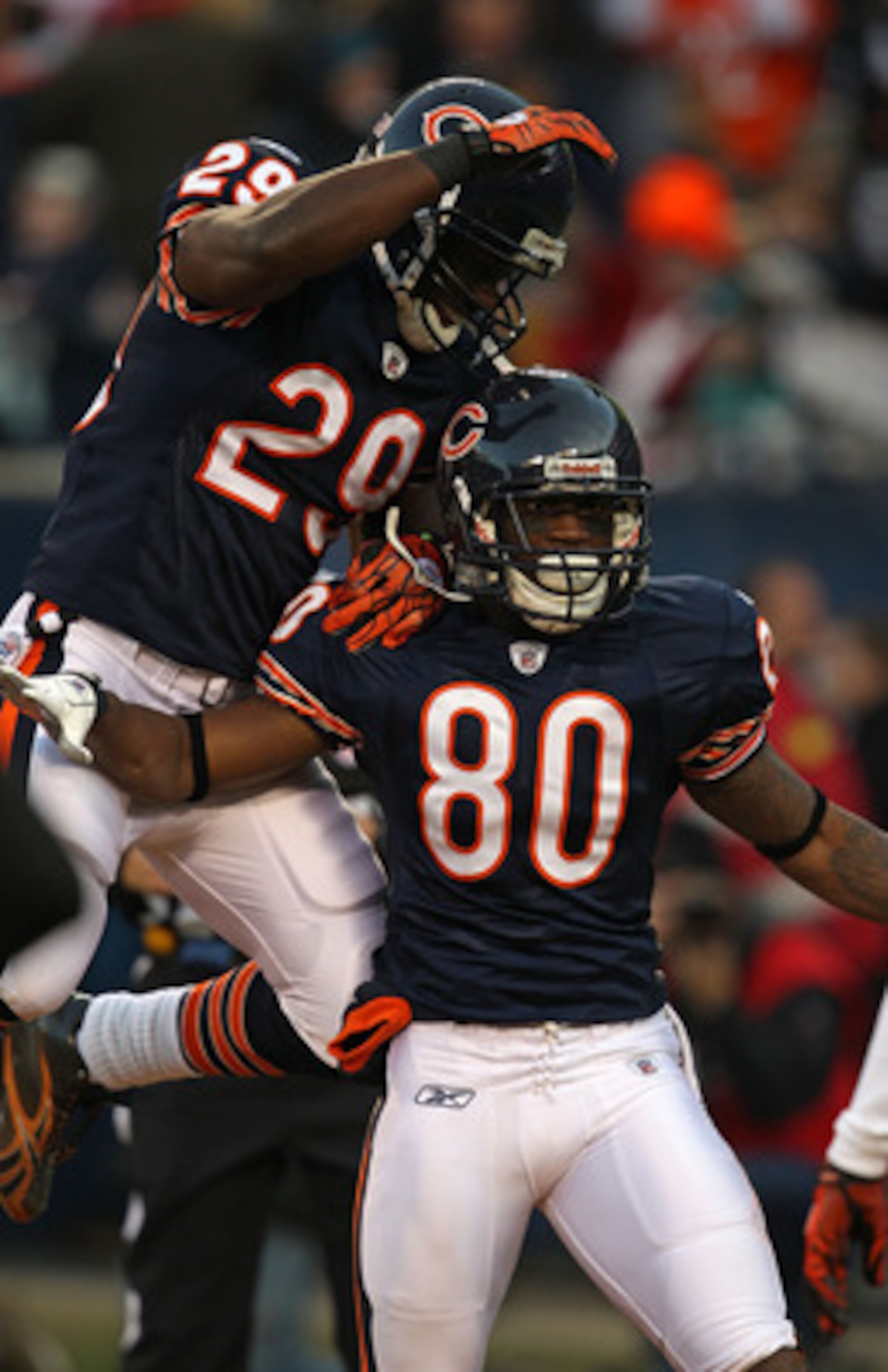 CHICAGO - NOVEMBER 28: Chester Taylor #29 and Earl Bennett #80 of the Chicago Bears celebrate a touchdown catch by Bennett against the Philadelphia Eagles at Soldier Field on November 28, 2010 in Chicago, Illinois. The Bears defeated the Eagles 31-26. (Ph CHICAGO - NOVEMBER 28: Chester Taylor #29 and Earl Bennett #80 of the Chicago Bears celebrate a touchdown catch by Bennett against the Philadelphia Eagles at Soldier Field on November 28, 2010 in Chicago, Illinois. The Bears defeated the Eagles 31-26. (Ph