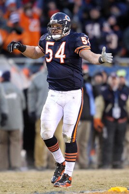 CHICAGO, IL - JANUARY 23:  Brian Urlacher #54 of the Chicago Bears reacts to a penalty called while taking on the Green Bay Packers in the NFC Championship Game at Soldier Field on January 23, 2011 in Chicago, Illinois.  (Photo by Andy Lyons/Getty Images)