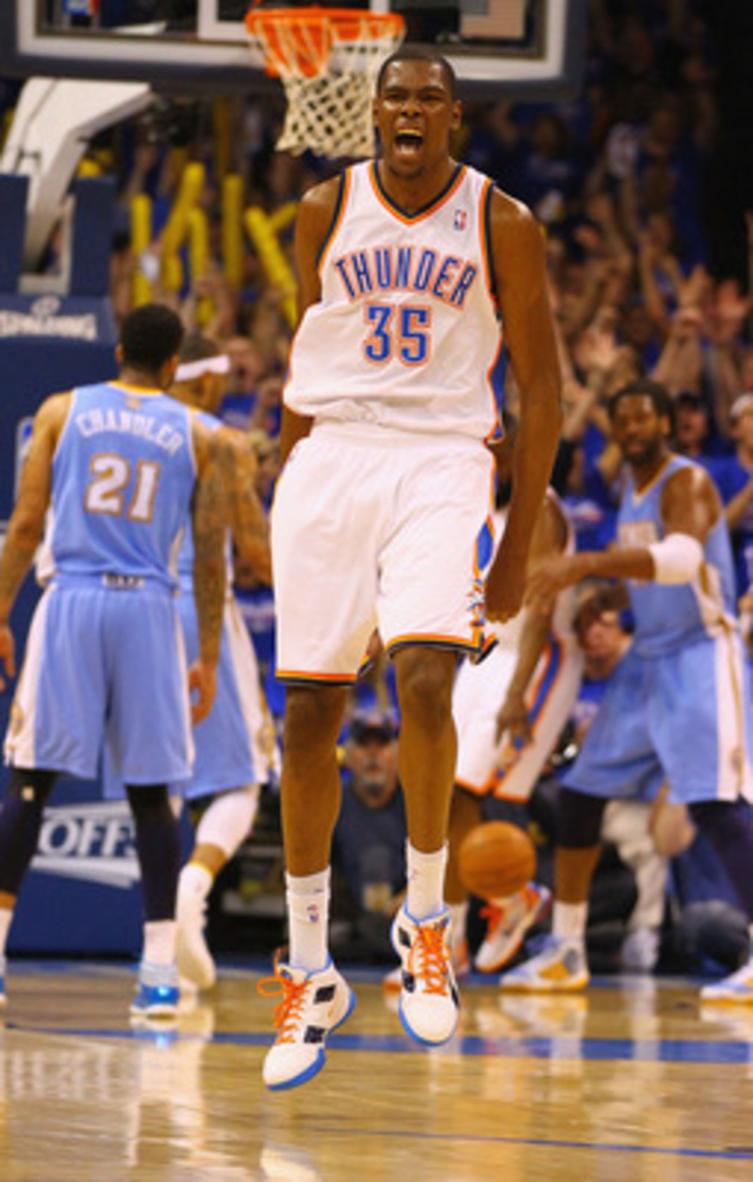 OKLAHOMA CITY, OK - APRIL 17: Kevin Durant #35 of the Oklahoma City Thunder celebrates a three-point shot against the Denver Nuggets in Game One of the Western Conference Quarterfinals in the 2011 NBA Playoffs on April 17, 2011 at the Ford Center in Oklah