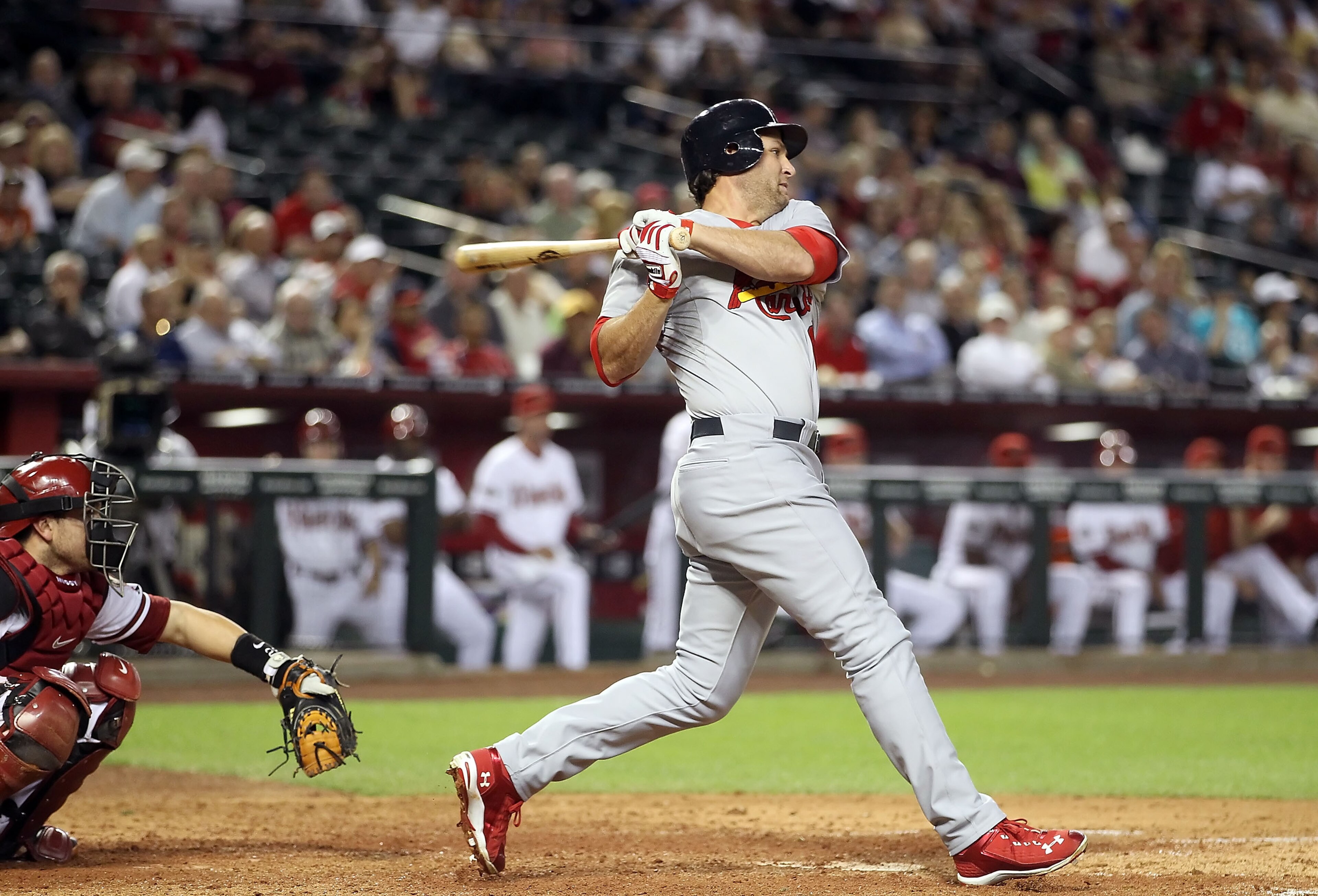 PHOENIX, AZ - APRIL 12:  Lance Berkman #12 of the St. Louis Cardinals bats against the Arizona Diamondbacks during the Major League Baseball game at Chase Field on April 12, 2011 in Phoenix, Arizona. The Diamondbacks defeated the Cardinals 13-8.  (Photo b