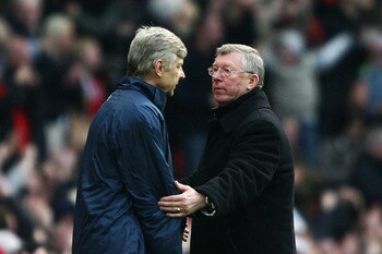 MANCHESTER, UNITED KINGDOM - APRIL 13:  Sir Alex Ferguson, manager of Manchester United consoles Arsene Wenger, manager of Arsenal after the Barclays Premier League match between Manchester United and Arsenal at Old Trafford on April 13, 2008 in Mancheste