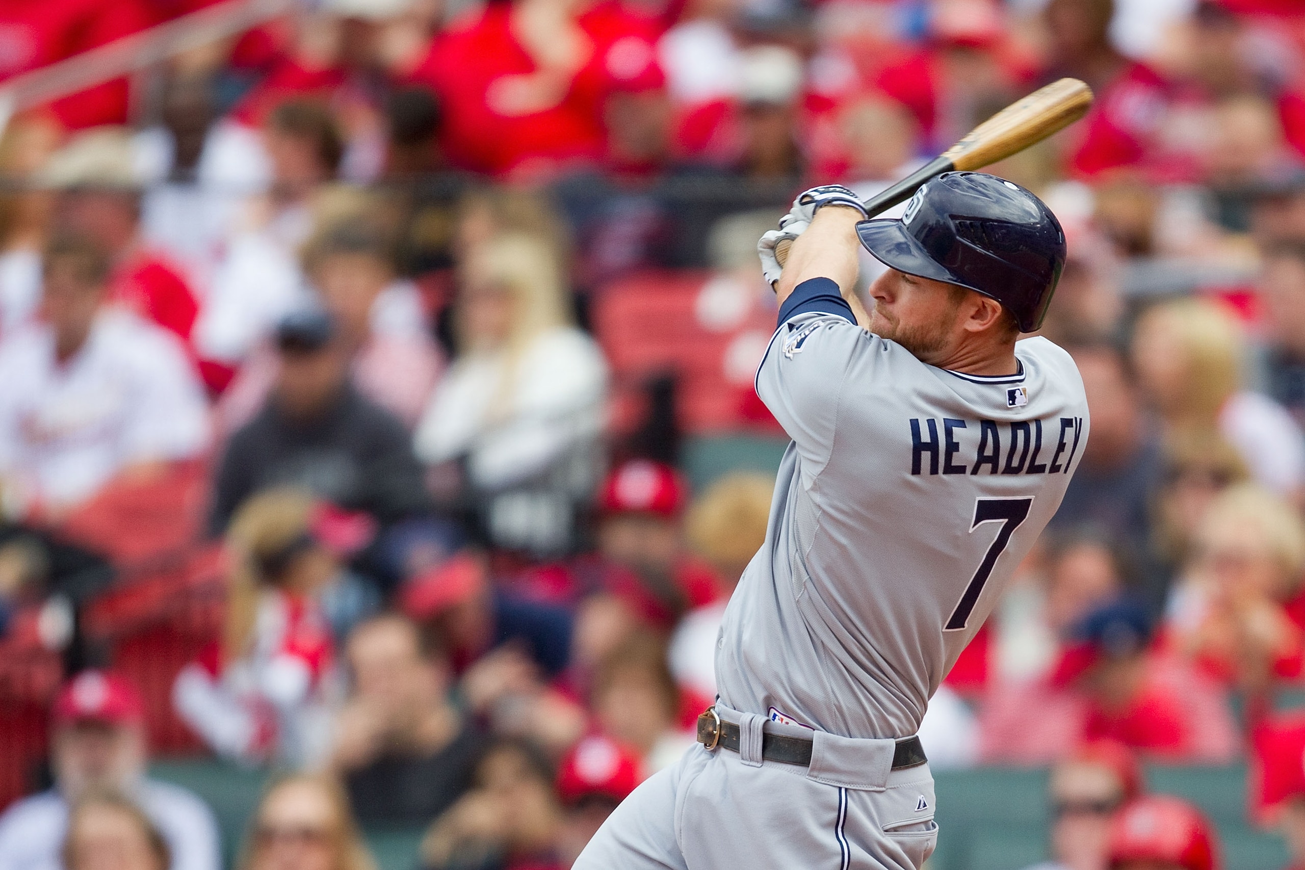 ST. LOUIS, MO - APRIL 2: Chase Headley #7 of the San Diego Padres hits a two-RBI single against the St. Louis Cardinalsat Busch Stadium on April 2, 2011 in St. Louis, Missouri. (Photo by Dilip Vishwanat/Getty Images) ST. LOUIS, MO - APRIL 2: Chase Headley #7 of the San Diego Padres hits a two-RBI single against the St. Louis Cardinalsat Busch Stadium on April 2, 2011 in St. Louis, Missouri. (Photo by Dilip Vishwanat/Getty Images)