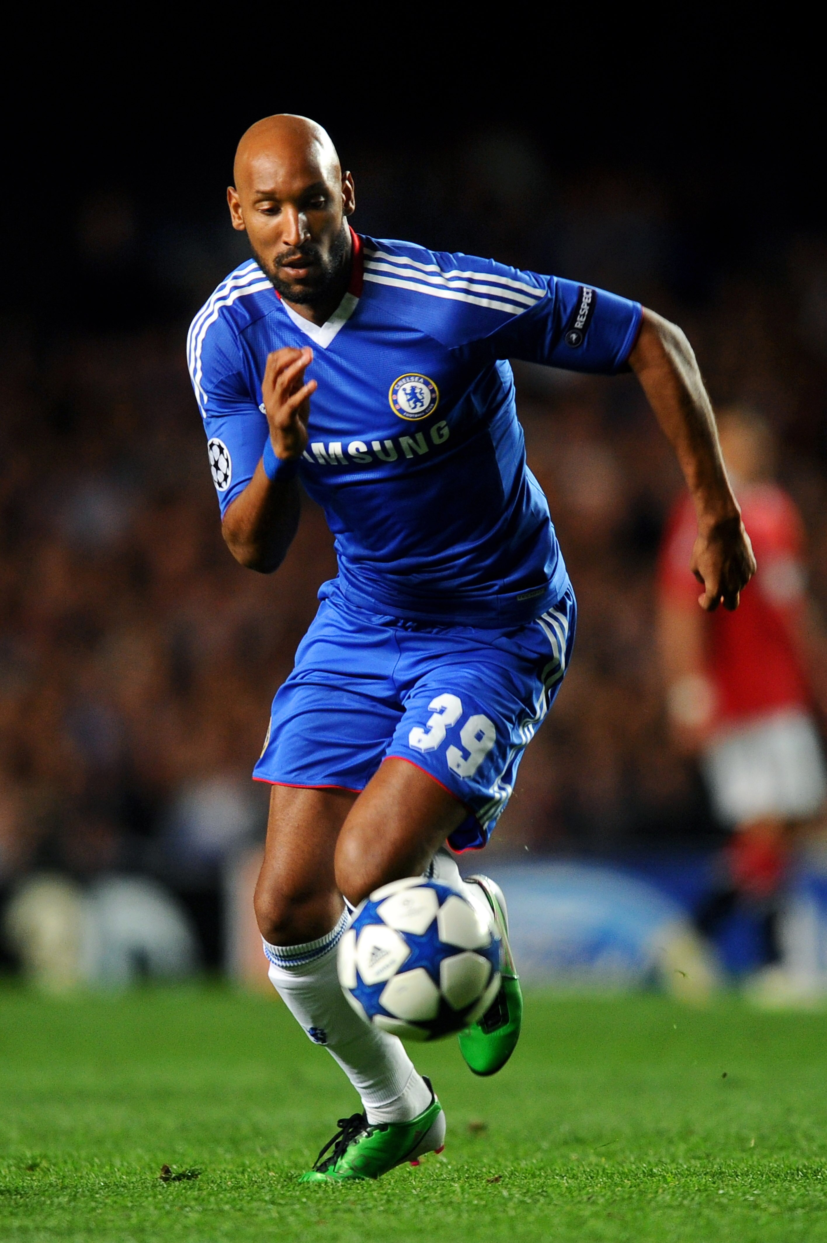 LONDON, ENGLAND - APRIL 06: Nicolas Anelka of Chelsea runs with the ball during the UEFA Champions League quarter final first leg match between Chelsea and Manchester United at Stamford Bridge on April 6, 2011 in London, England.  (Photo by Mike Hewitt/Ge