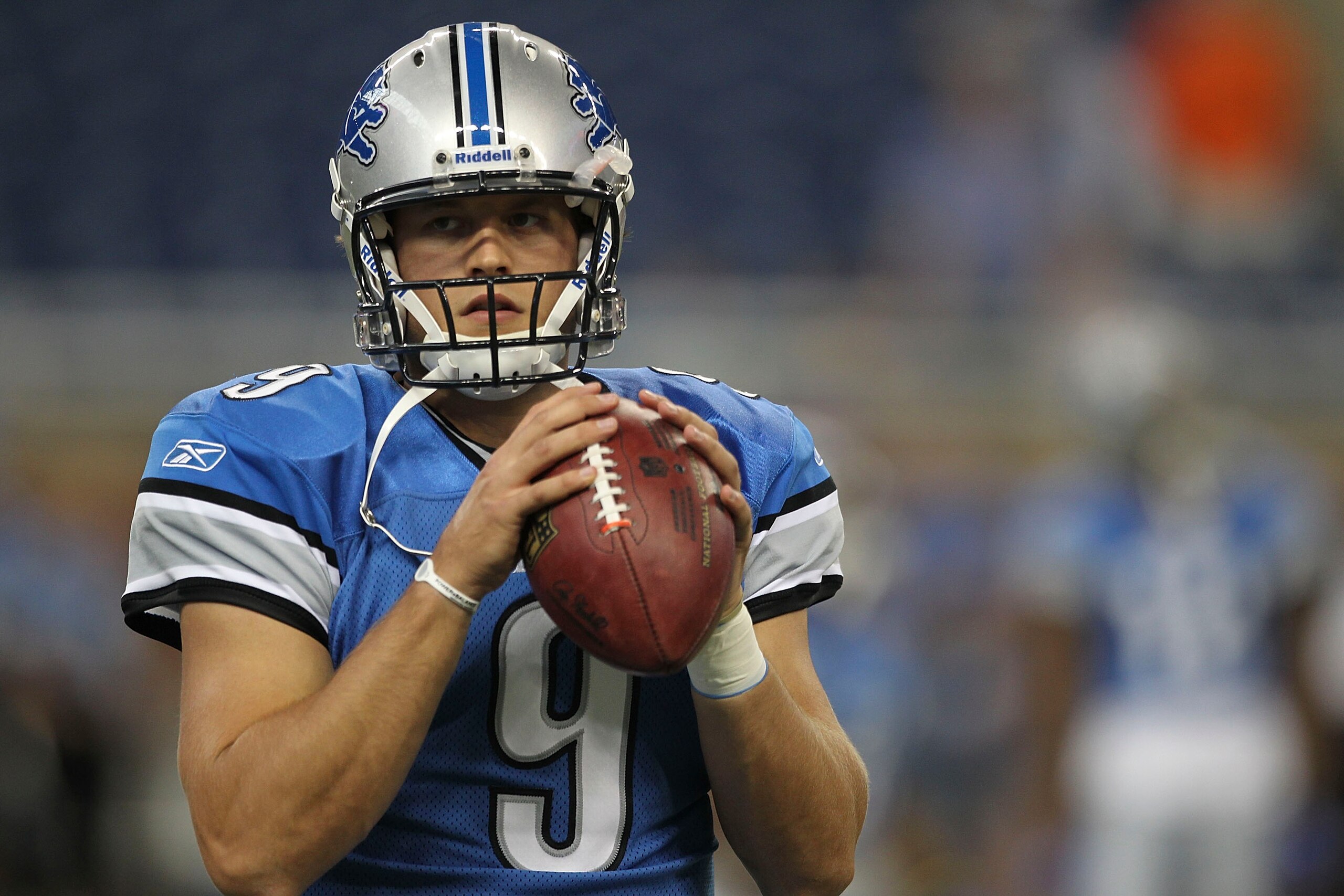 DETROIT - AUGUST 28: Matthew Stafford #9 of the Detroit Lions warms up prior to the start of the preseason game against the Cleveland Browns at Ford Field on August 28, 2010 in Detroit, Michigan. (Photo by Leon Halip/Getty Images)