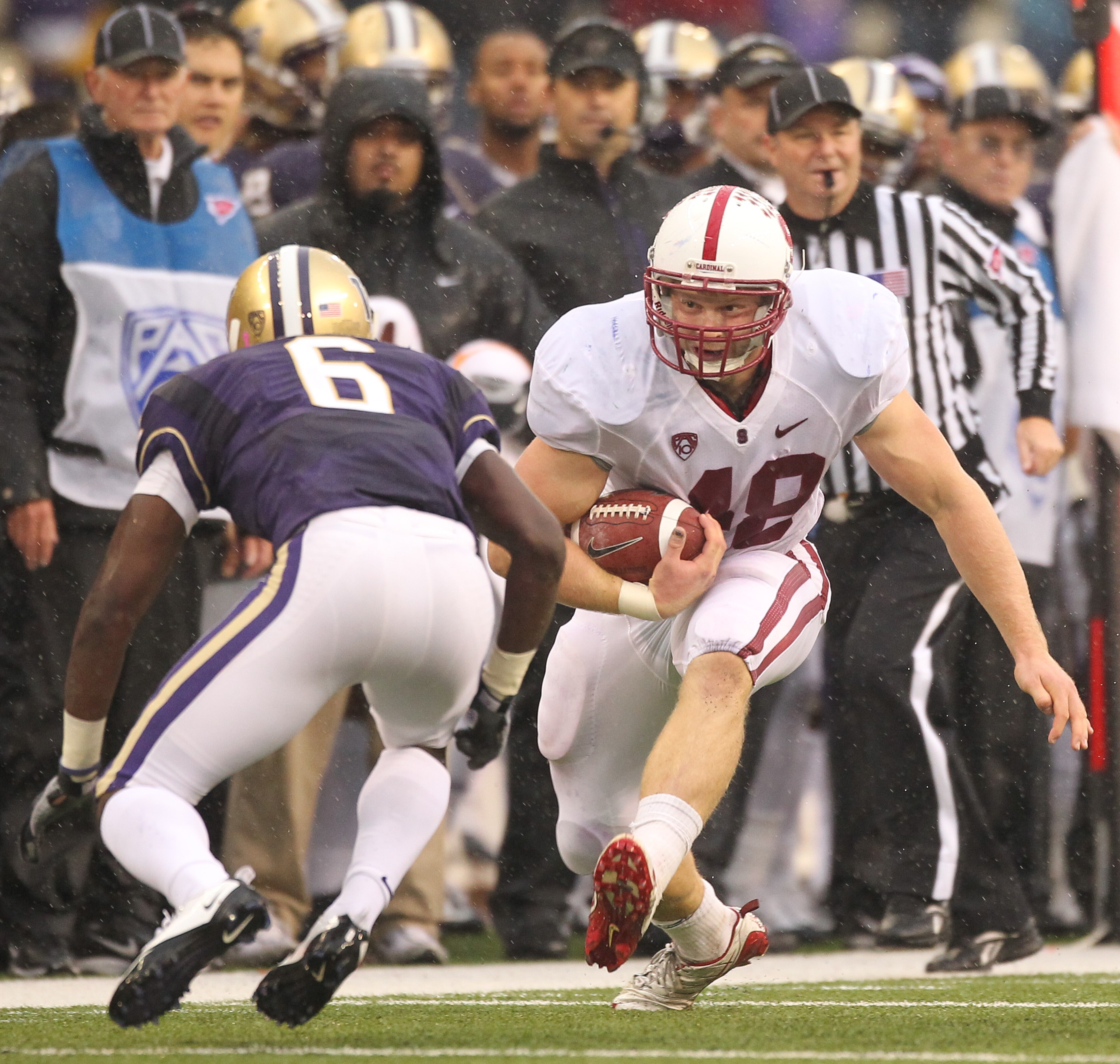 SEATTLE - OCTOBER 30: Running back Owen Marecic #48 of the Stanford Cardinal rushes against Desmond Trufant #6 of the Washington Huskies on October 30, 2010 at Husky Stadium in Seattle, Washington. Stanford won 41-0. (Photo by Otto Greule Jr/Getty Images SEATTLE - OCTOBER 30: Running back Owen Marecic #48 of the Stanford Cardinal rushes against Desmond Trufant #6 of the Washington Huskies on October 30, 2010 at Husky Stadium in Seattle, Washington. Stanford won 41-0. (Photo by Otto Greule Jr/Getty Images