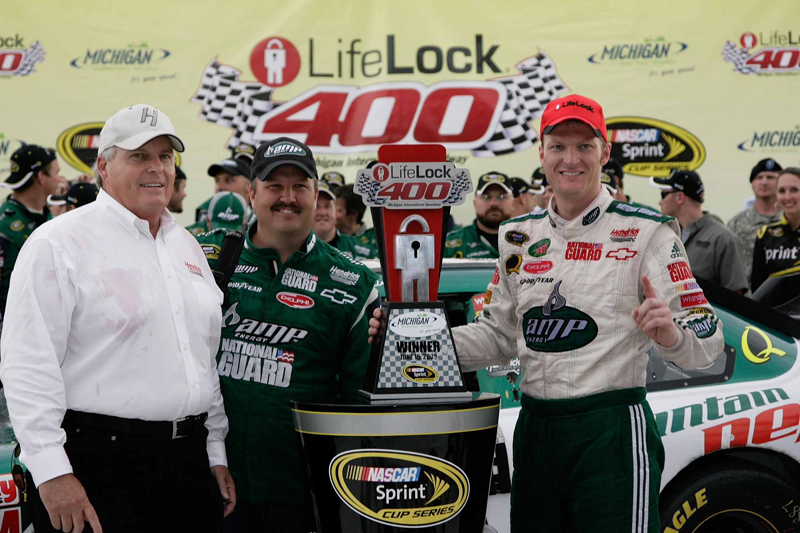 BROOKLYN, MI - JUNE 15:  Dale Earnhardt Jr., driver of the #88 National Guard/AMP Energy Chevrolet celebrates in Victory Lane after winning the NASCAR Sprint Cup Series Lifelock 400 at the Michigan International Speedway on June 15, 2008 in Brooklyn, Mich