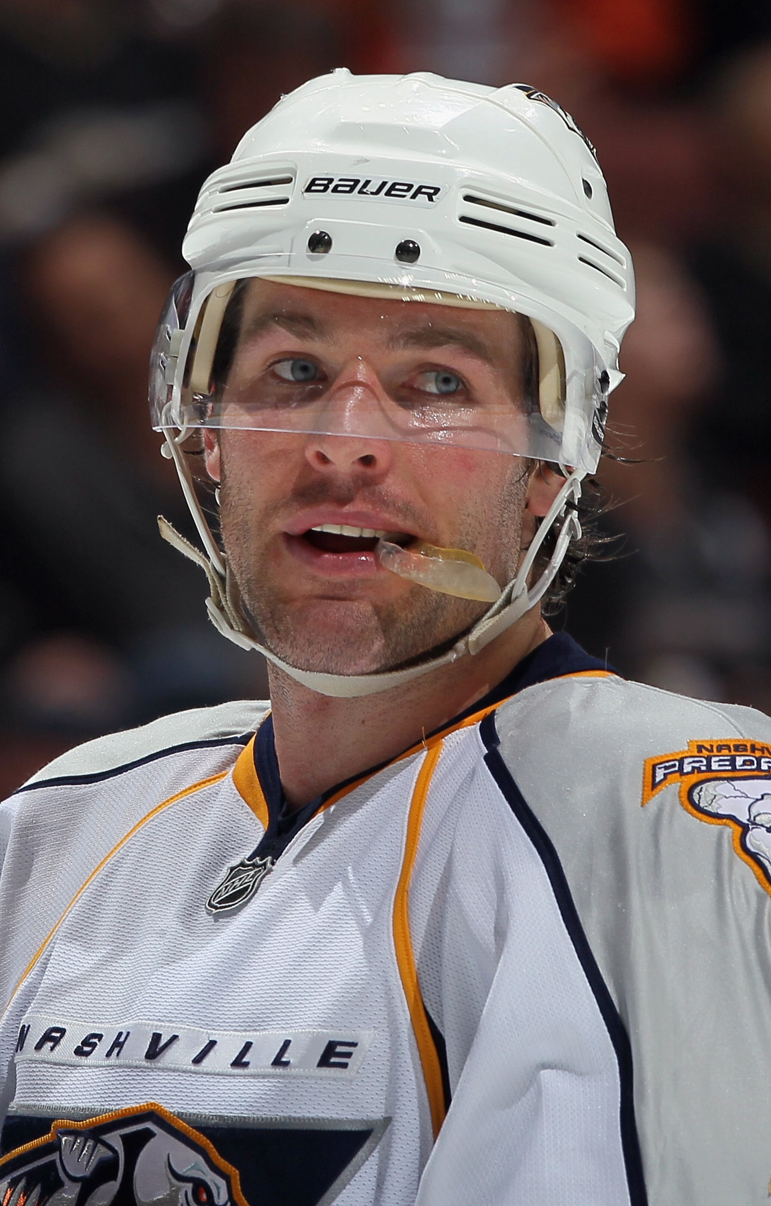 ANAHEIM, CA - APRIL 13:  Mike Fisher #12 of the Nashville Predators looks on against the Anaheim Ducks in Game One of the Western Conference Quarterfinals during the 2011 NHL Stanley Cup Playoffs at Honda Center on April 13, 2011 in Anaheim, California. T