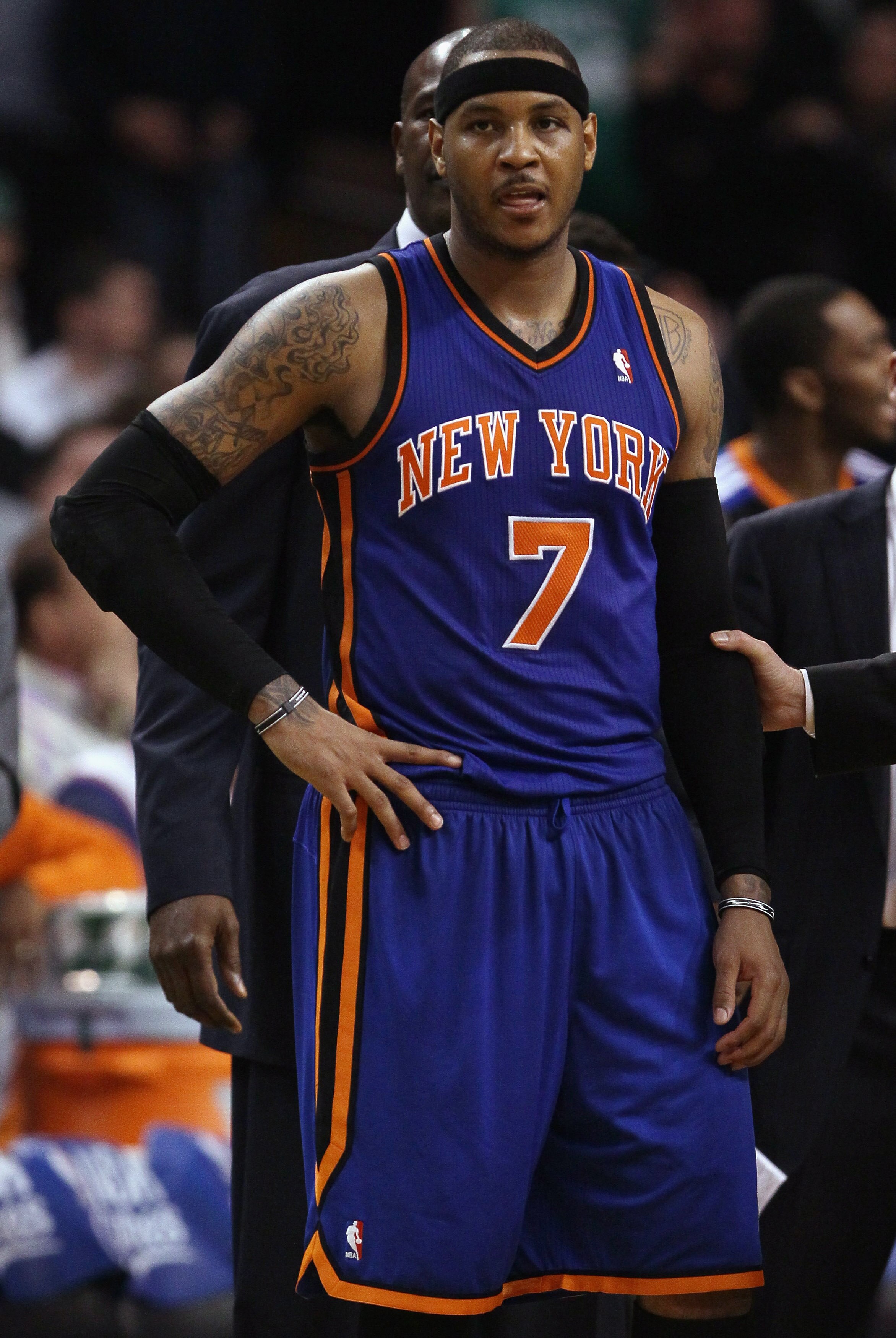 BOSTON, MA - APRIL 19:  Carmelo Anthony #7 of the New York Knicks reacts late in the fourth quarter against the Boston Celtics in Game Two of the Eastern Conference Quarterfinals in the 2011 NBA Playoffs on April 19, 2011 at the TD Garden in Boston, Massa