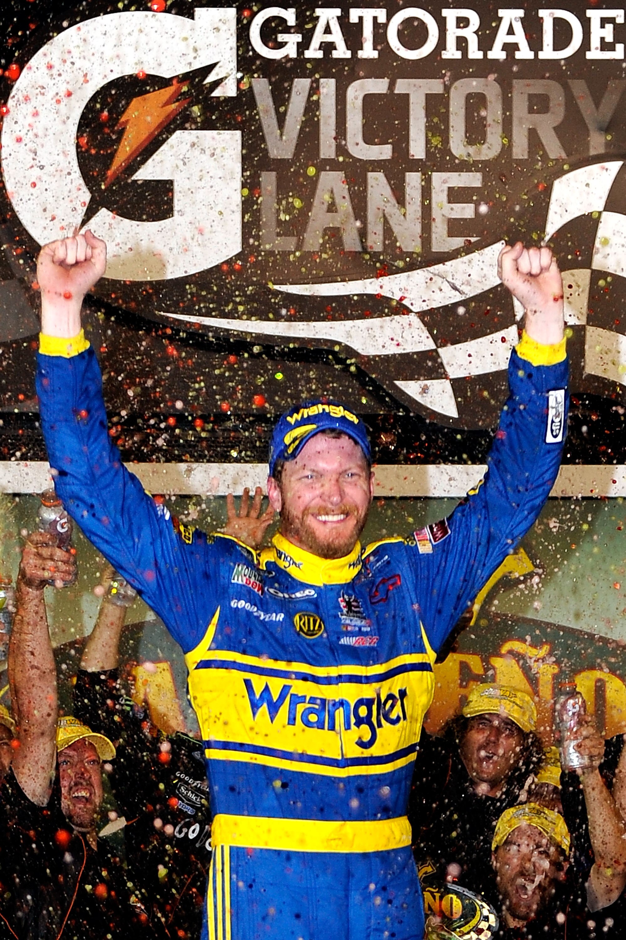 DAYTONA BEACH, FL - JULY 02:  Dale Earnhardt Jr., driver of the #3 Wrangler Chevrolet, celebrates in victory lane after winning the NASCAR Nationwide Series Subway Jalapeno 250 at Daytona International Speedway on July 2, 2010 in Daytona Beach, Florida.
