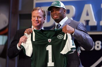 NEW YORK - APRIL 26:  Vernon Gholston poses for a photo after being selected as the sixth overall pick by the New York Jets with National Football League Commissioner Roger Goodell during the 2008 NFL Draft on April 26, 2008 at Radio City Music Hall in Ap