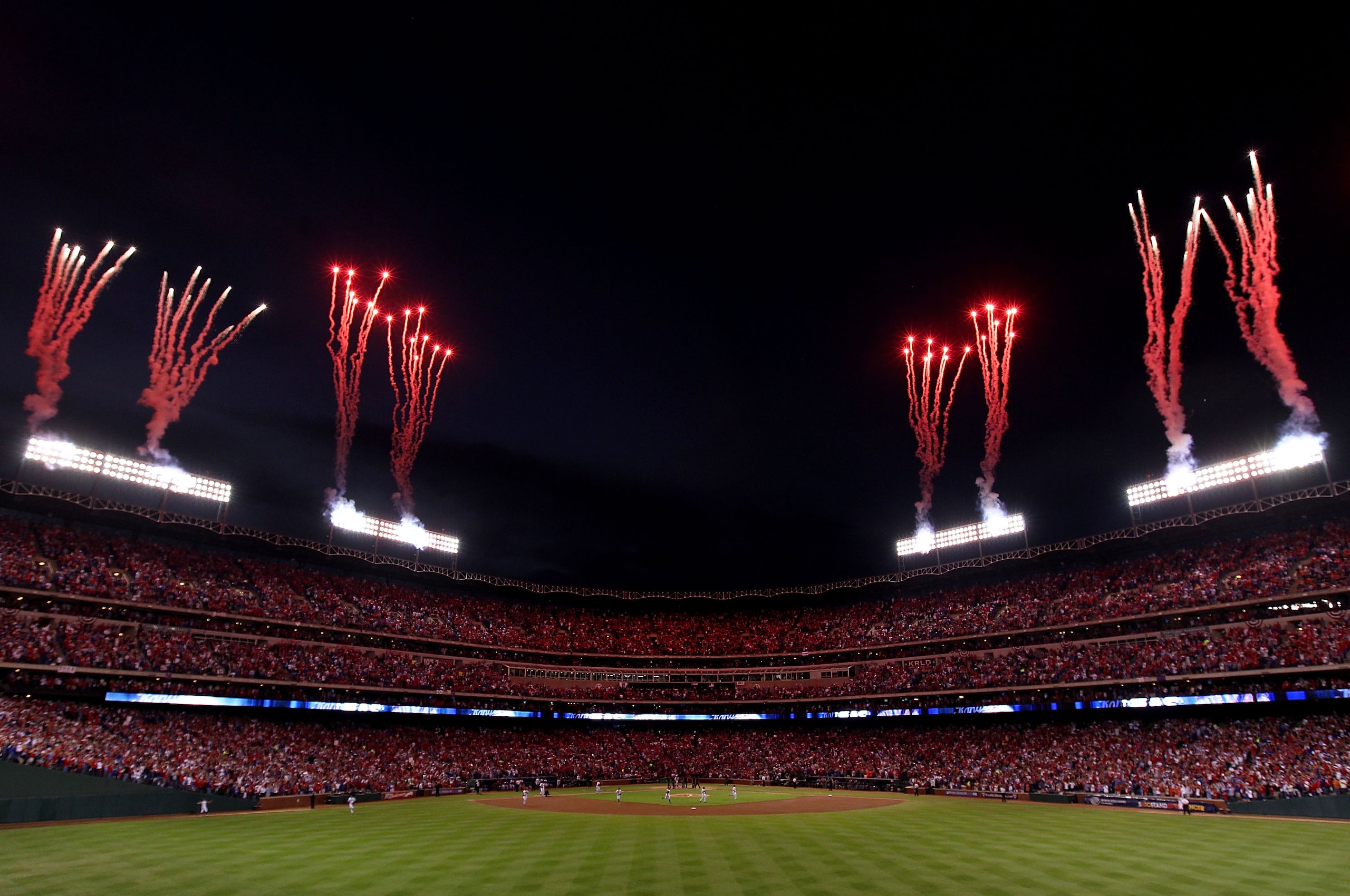 ARLINGTON, TX - NOVEMBER 01:  Fireworks explode over Rangers Ballpark before Game Five between the Texas Rangers and the San Francisco Giants in Game Five of the 2010 MLB World Series at Rangers Ballpark in Arlington on November 1, 2010 in Arlington, Texa