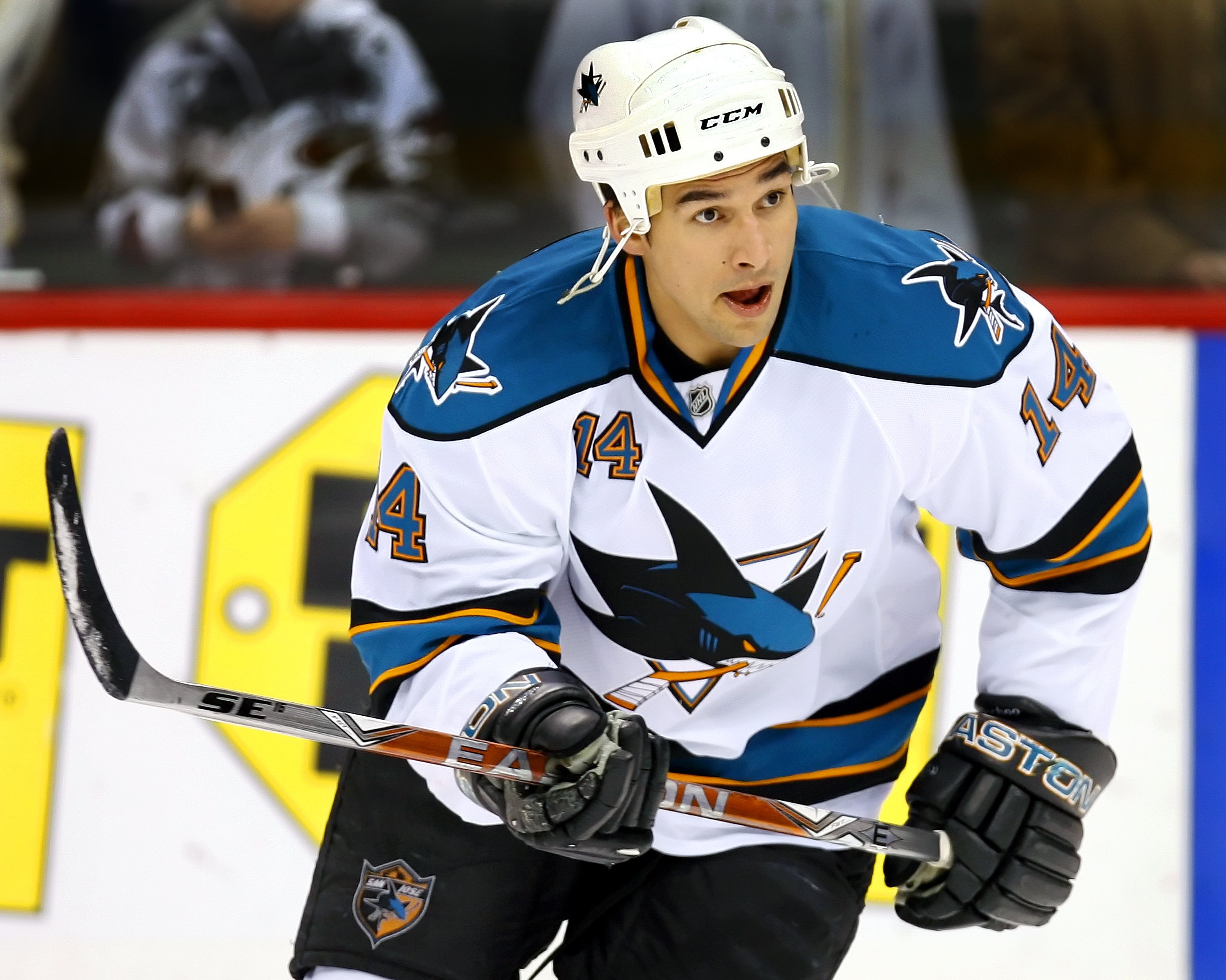 ST. PAUL, MN - DECEMBER 31:  Jonathan Cheechoo #14 of the San Jose Sharks skates in warmups before a game against the Minnesota Wild December 31, 2008 at the Xcel Energy Center in St. Paul, Minnesota. (Photo by Scott A. Schneider/Getty Images)
