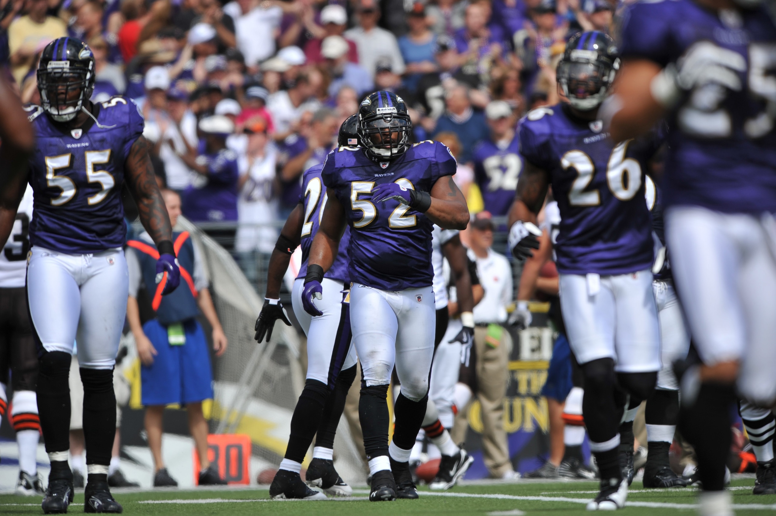 BALTIMORE - SEPTEMBER 27:  Ray Lewis #52 of the Baltimore Ravens comes off the field after a tackle against the Cleveland Browns at M&T Bank Stadium on September 27, 2009 in Baltimore, Maryland. The Ravens defeated the Browns 34-3. (Photo by Larry French/