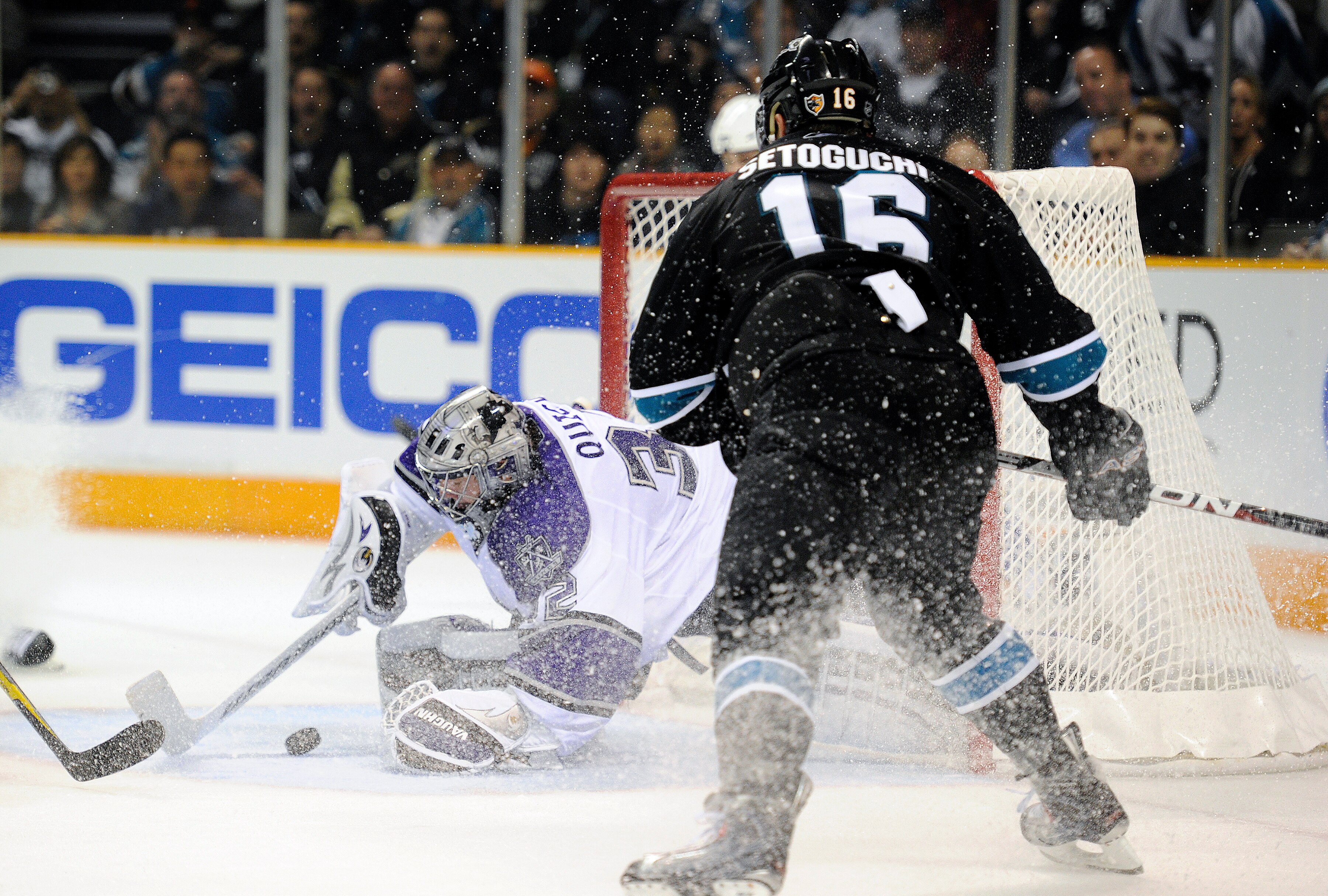 SAN JOSE, CA - APRIL 14: Devin Setoguchi #16 of the San Jose Sharks cant get his shot pass Jonathan Quick #32 of the Los Angeles Kings in Game One of the Western Conference Quarterfinals  during the 2011 NHL Stanley Cup Playoffs at the HP Pavilion on Apri