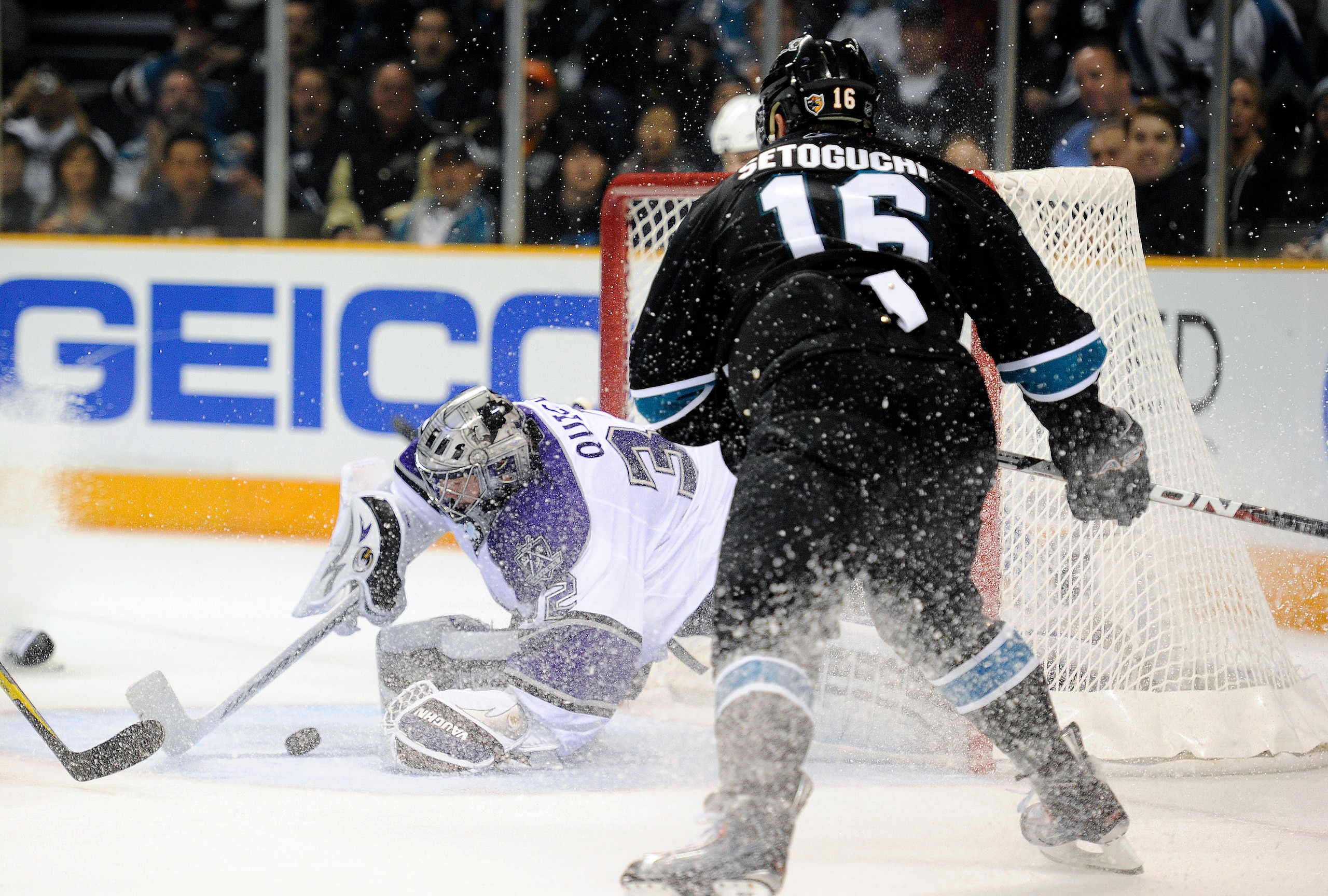 SAN JOSE, CA - APRIL 14: Devin Setoguchi #16 of the San Jose Sharks cant get his shot pass Jonathan Quick #32 of the Los Angeles Kings in Game One of the Western Conference Quarterfinals  during the 2011 NHL Stanley Cup Playoffs at the HP Pavilion on Apri