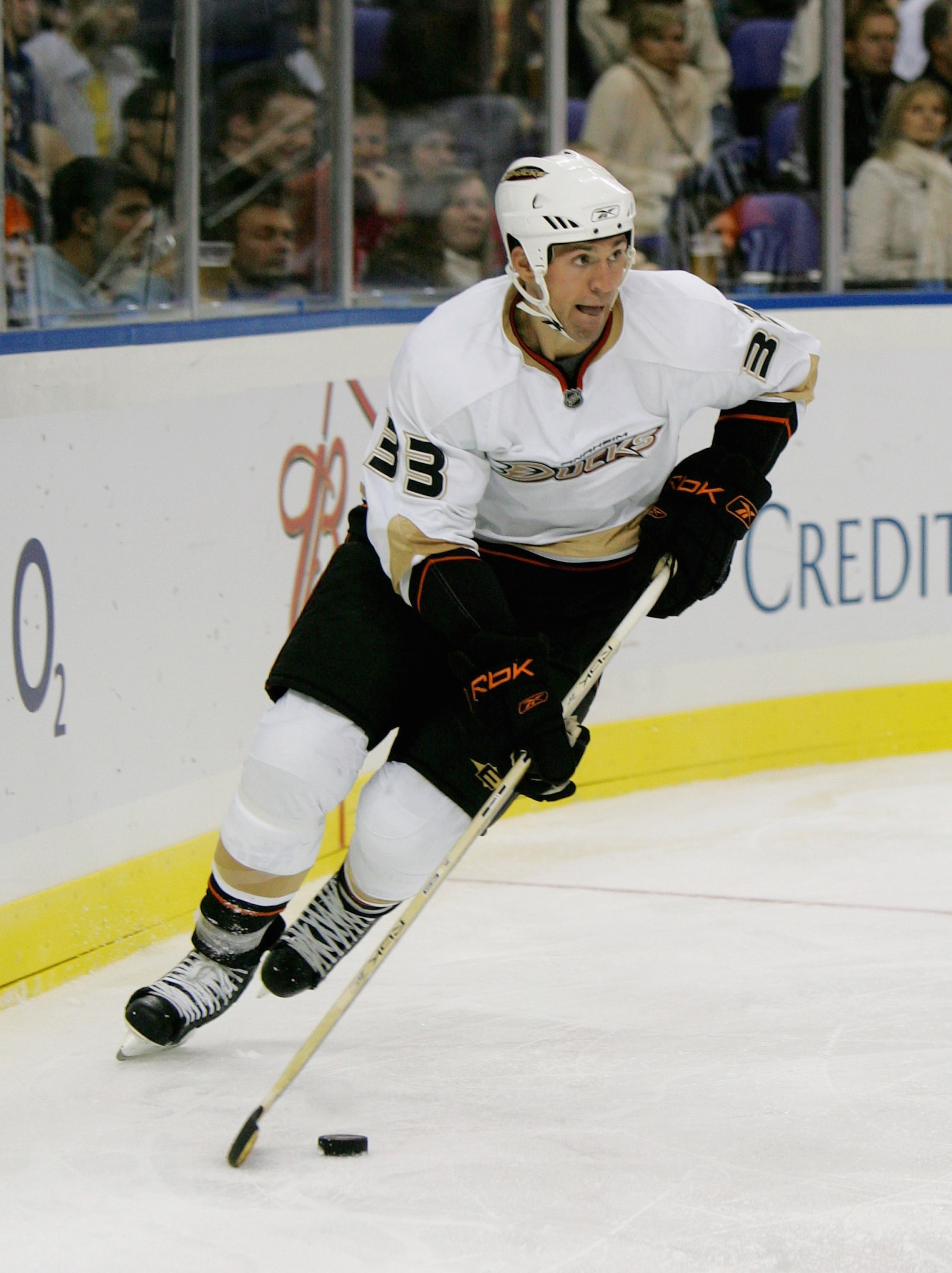 LONDON - SEPTEMBER 30: Joe DiPenta #33 of the Anaheim Ducks carries the puck against the Los Angeles Kings during their NHL game on September 30, 2007 at the O2 Arena in London, England. (Photo by Bruce Bennett/Getty Images) LONDON - SEPTEMBER 30: Joe DiPenta #33 of the Anaheim Ducks carries the puck against the Los Angeles Kings during their NHL game on September 30, 2007 at the O2 Arena in London, England. (Photo by Bruce Bennett/Getty Images)