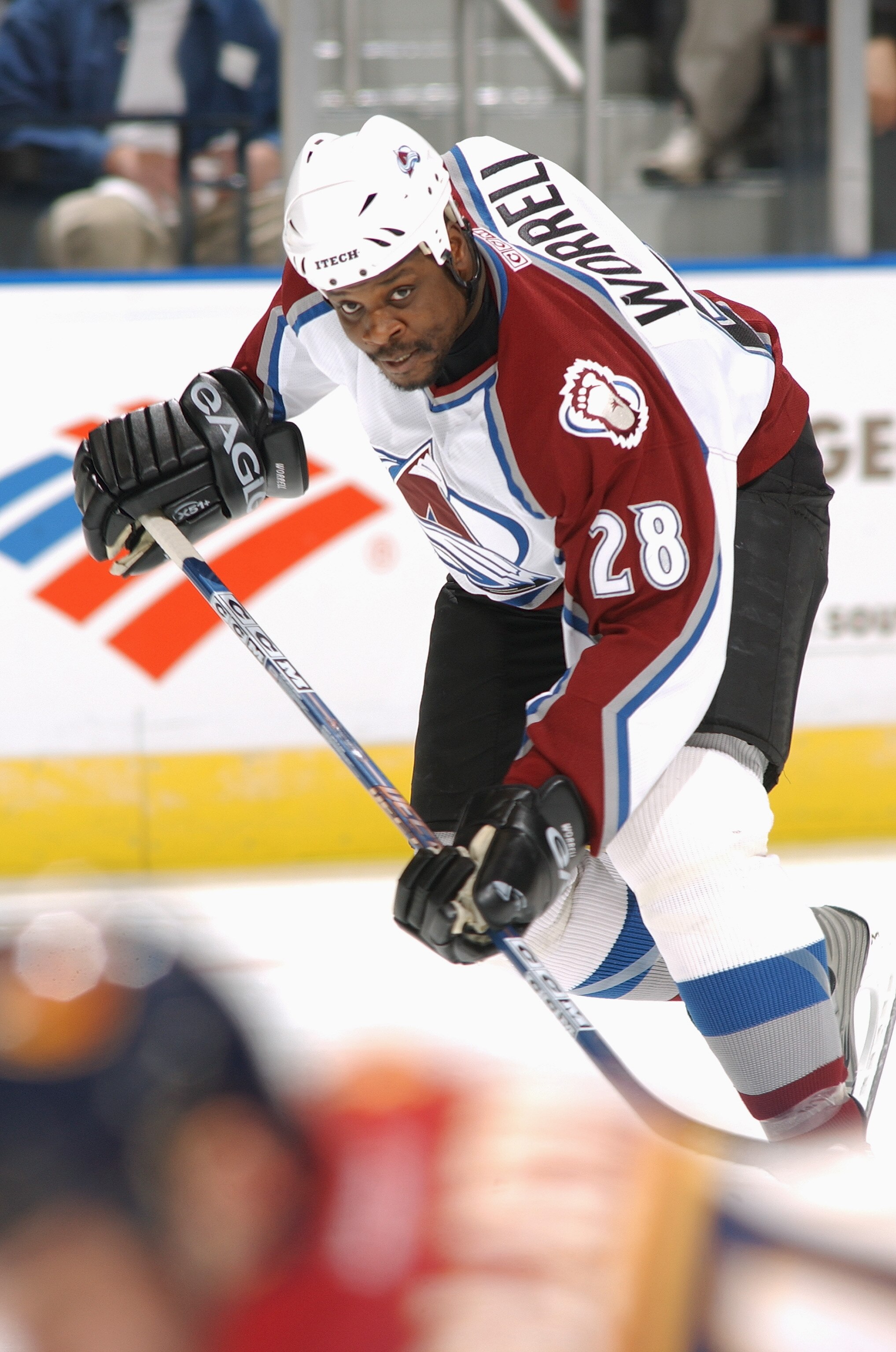 ATLANTA - JANUARY 22:  Peter Worrell #28 of the Colorado Avalanche skates against the Atlanta Thrashers on January 22, 2004 at Philips Arena in Atlanta, Georgia.  The Avalanche and Thrashers tied 1-1.  (Photo by Scott Cunningham/Getty Images)
