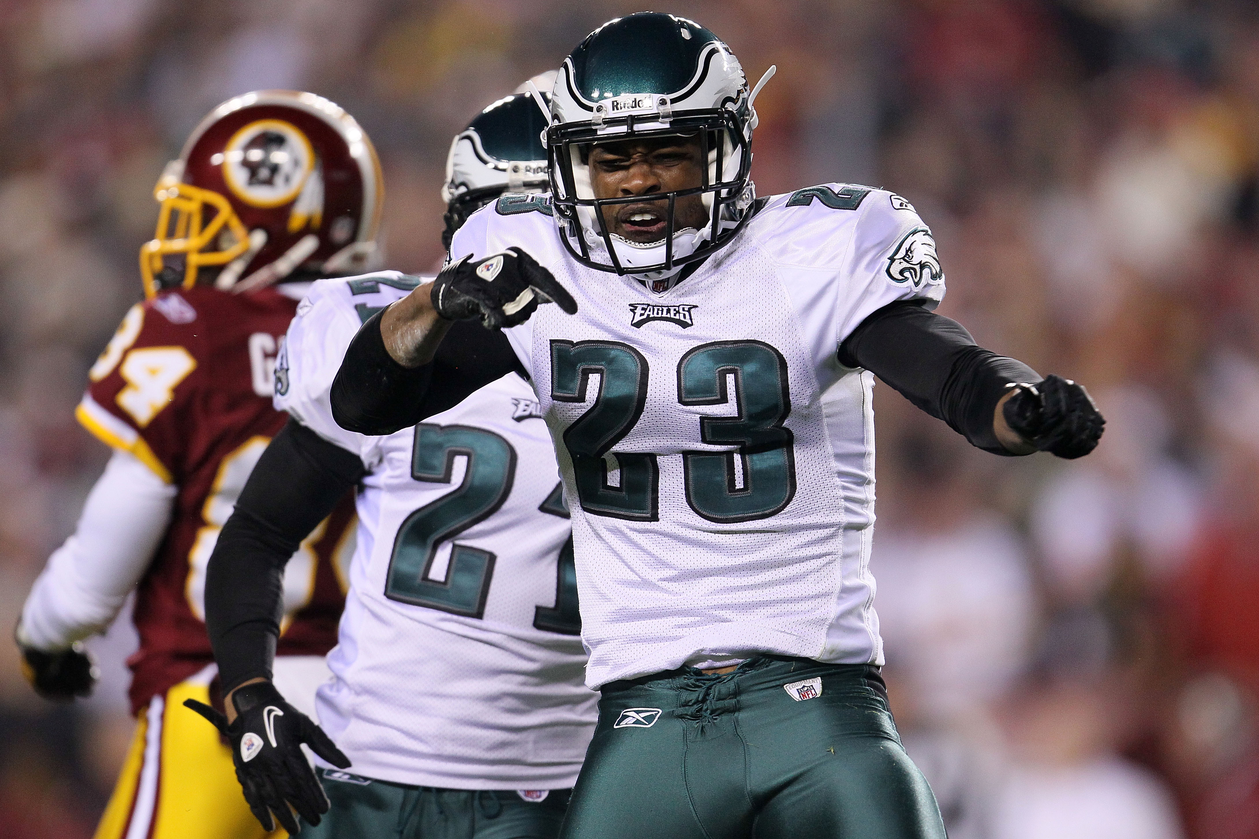 LANDOVER, MD - NOVEMBER 15: Dimitri Patterson #23 of the Philadelphia Eagles celebrates a tackle against  the Washington Redskins on November 15, 2010 at FedExField in Landover, Maryland.  (Photo by Chris McGrath/Getty Images)
