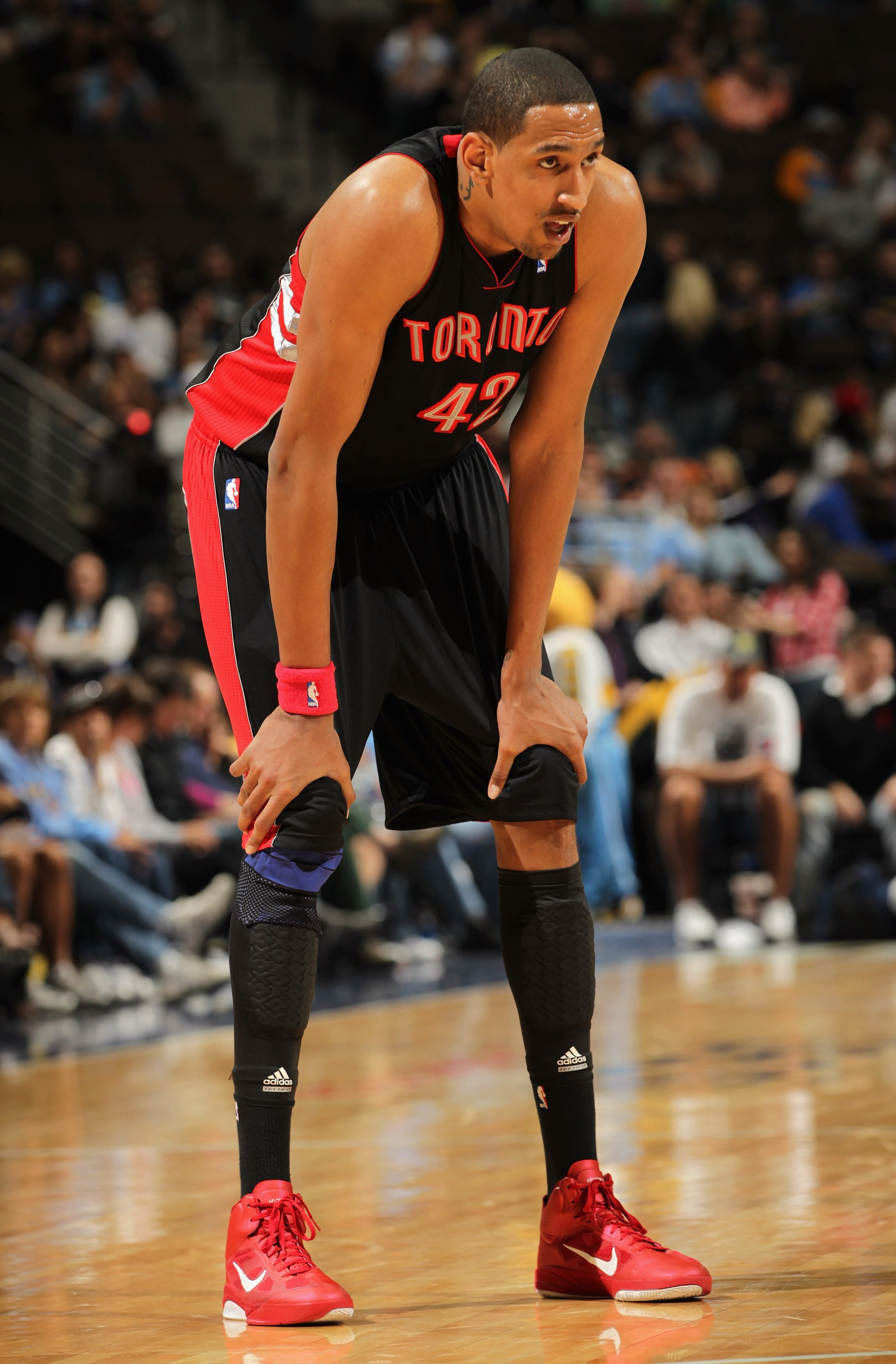 DENVER, CO - MARCH 21:  Alexis Ajinca #42 of the Toronto Raptors looks on during a break in the action against the Denver Nuggets at the Pepsi Center on March 21, 2011 in Denver, Colorado. The Nuggets defeated the Raptors 123-90. NOTE TO USER: User expres