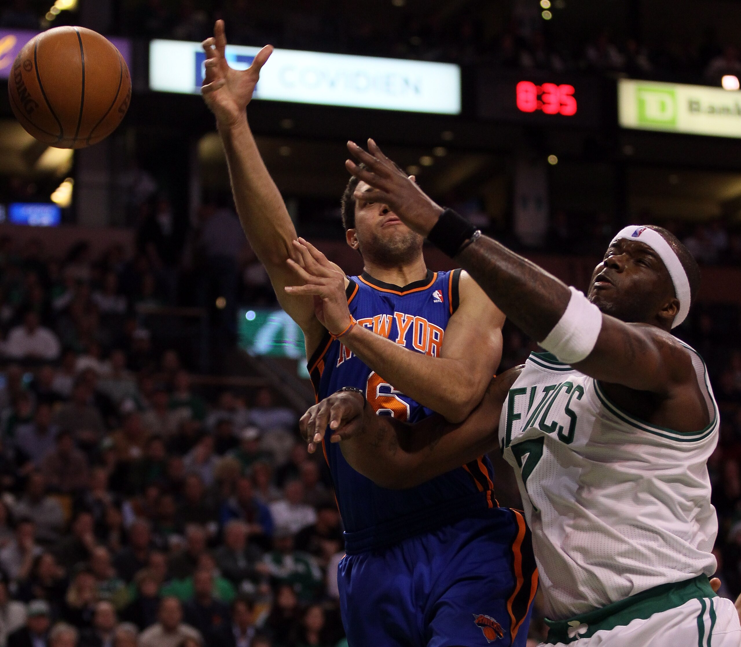 BOSTON, MA - APRIL 19:  Jermaine O'Neal #7 of the Boston Celtics tries to block a shot by Landry Fields #6 of the New York Knicks in Game Two of the Eastern Conference Quarterfinals in the 2011 NBA Playoffs on April 19, 2011 at the TD Garden in Boston, Ma