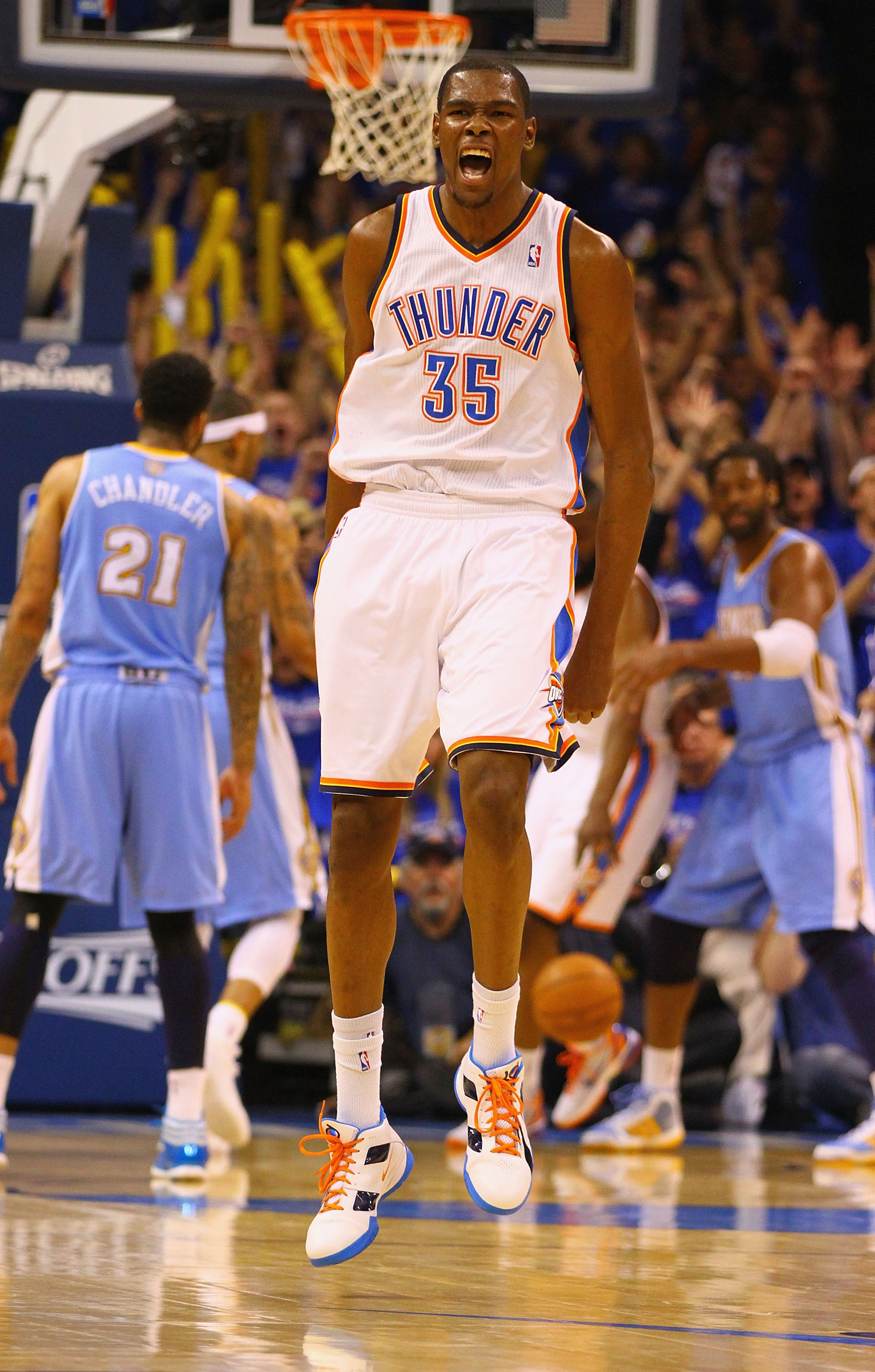 OKLAHOMA CITY, OK - APRIL 17: Kevin Durant #35 of the Oklahoma City Thunder celebrates a three-point shot against the Denver Nuggets in Game One of the Western Conference Quarterfinals in the 2011 NBA Playoffs on April 17, 2011 at the Ford Center in Oklah
