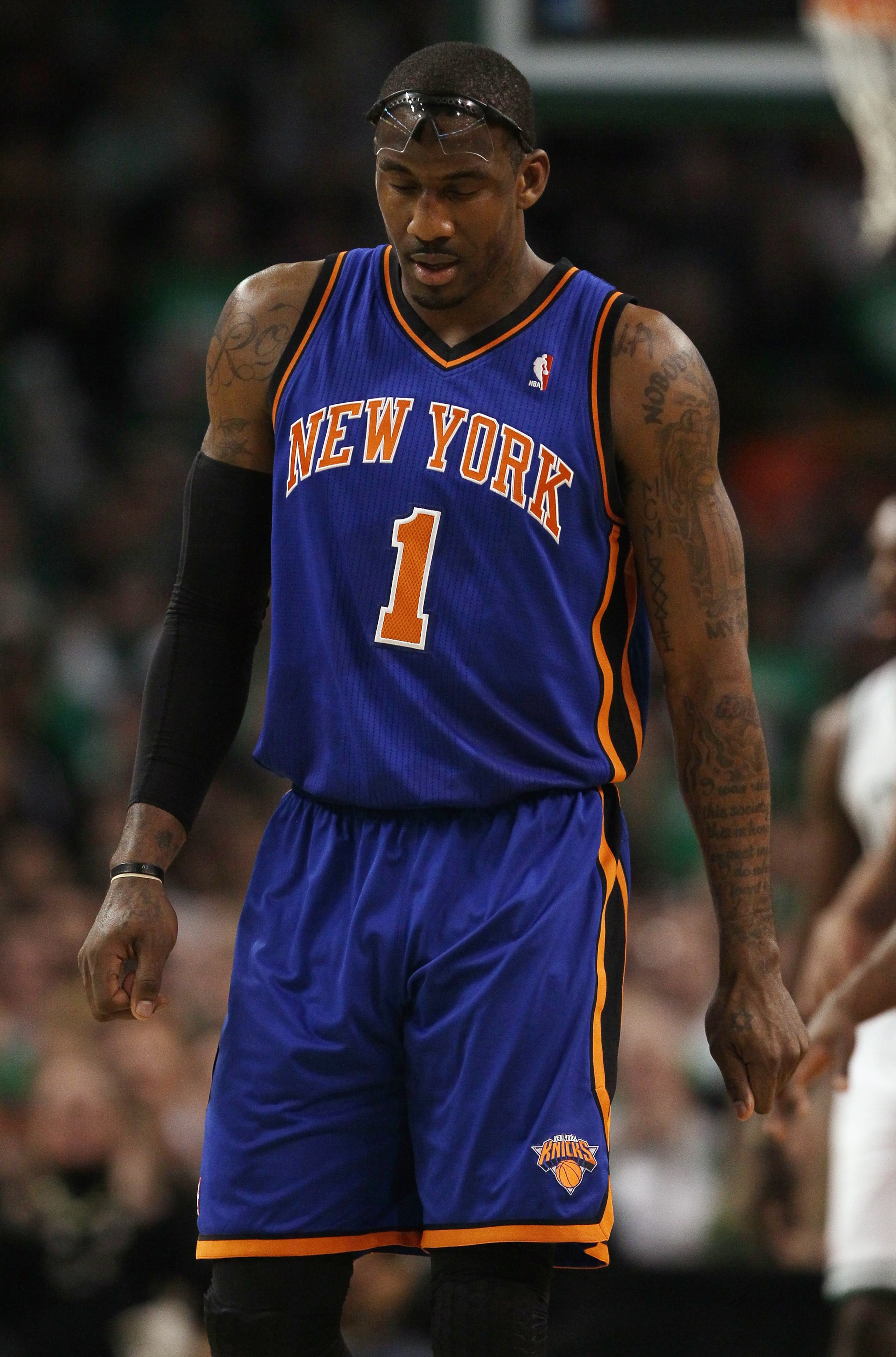 BOSTON, MA - APRIL 17:  Amare Stoudemire #1 of the New York Knicks walks on the court after a time out in Game One of the Eastern Conference Quarterfinals in the 2011 NBA Playoffs on April 17, 2011 at the TD Garden in Boston, Massachusetts. NOTE TO USER: