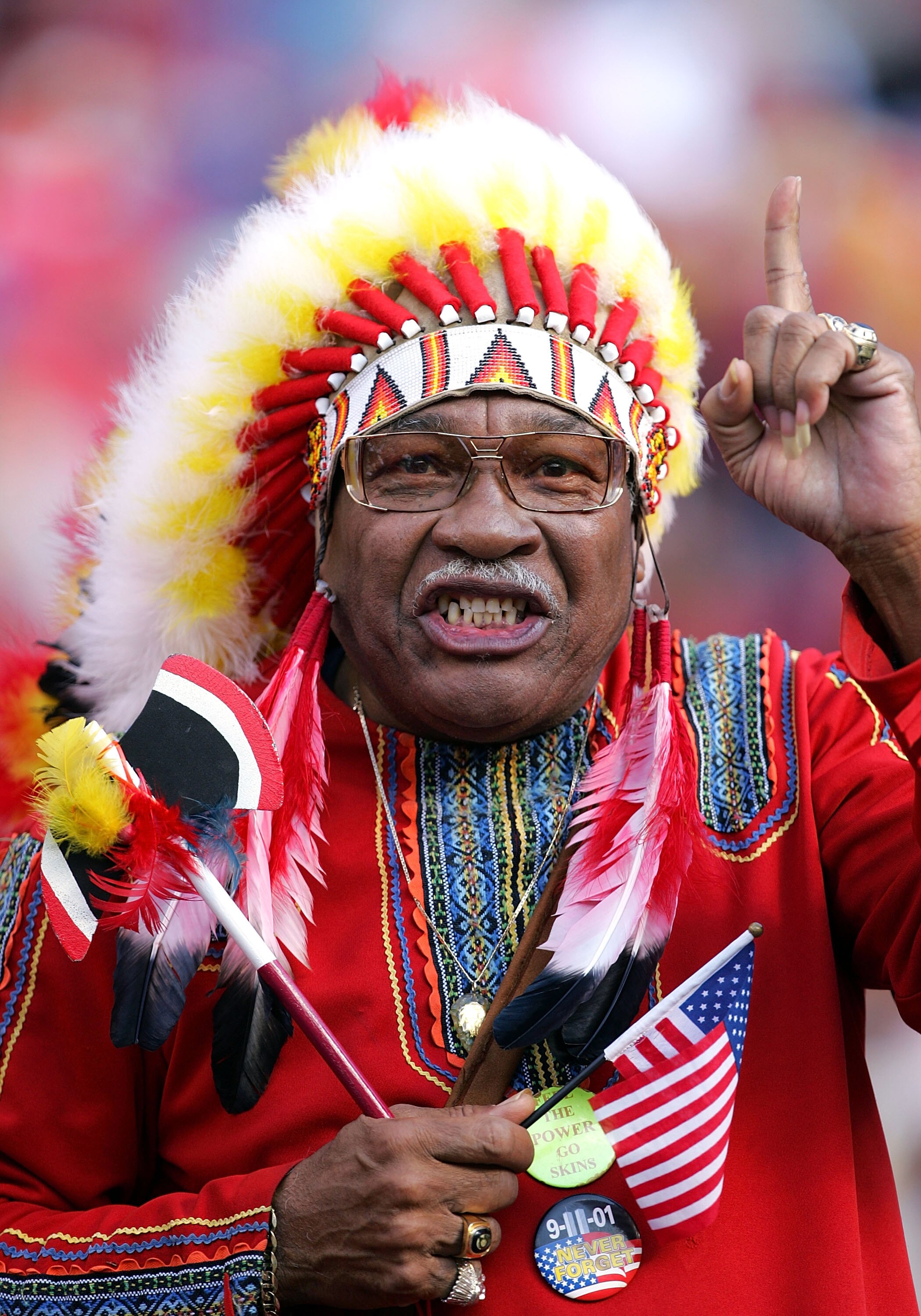 LANDOVER, MD - OCTOBER 23:  Washington Redskins fan Chief Zee cheers during the second half of the game against the San Francisco 49ers on October 23, 2005 at Fed Ex Field in Landover, Maryland. The Redskins defeated the 49ers 52-17.  (Photo by Jamie Squi