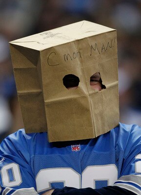 DETROIT - DECEMBER 05:  A Detroit Lions' fan shows his fustration during the game between the Detroit Lions and the Chicago Bears at Ford Field on December 5, 2010 in Detroit, Michigan. The Bears defeated the Lions 24-20.  (Photo by Leon Halip/Getty Image