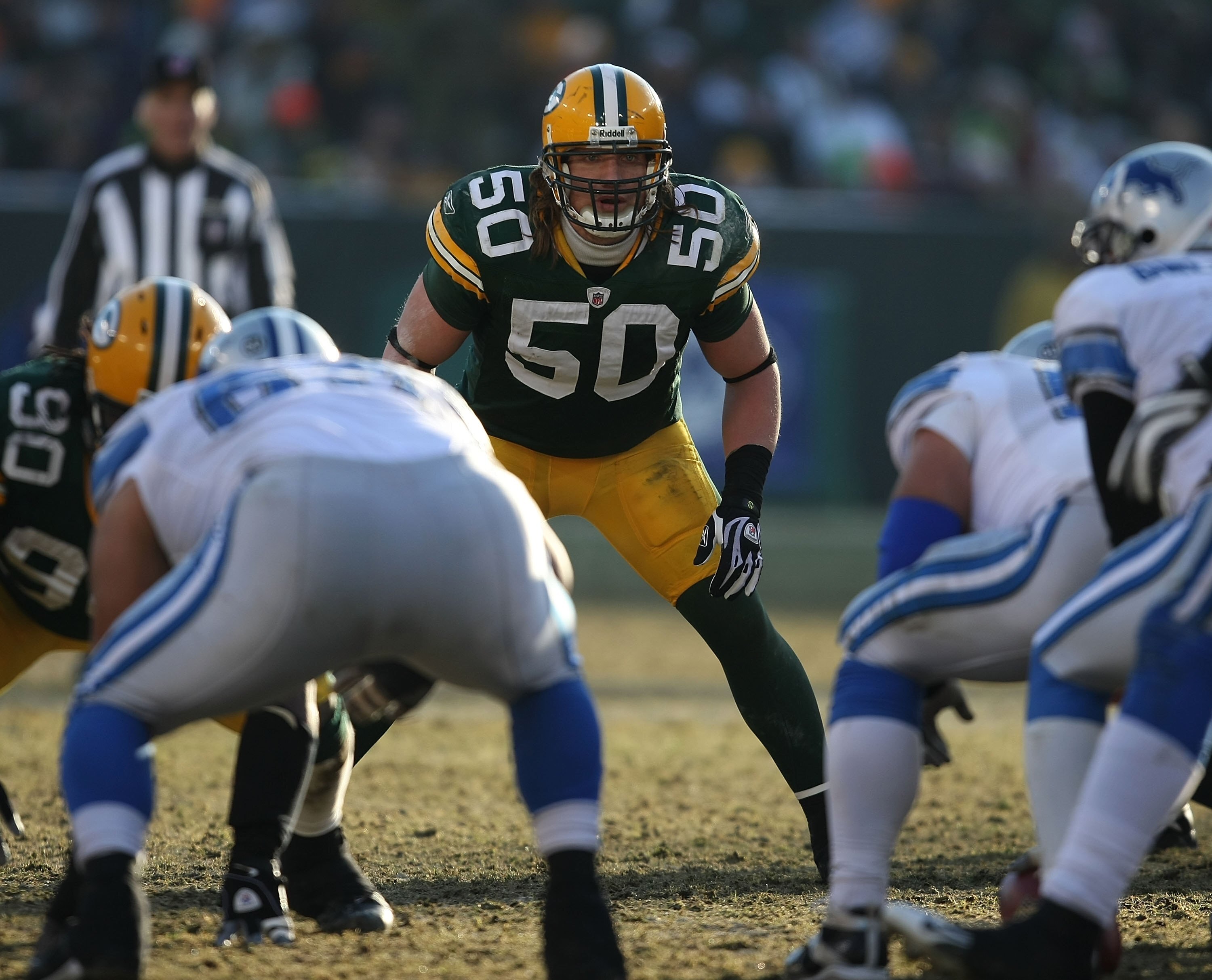 GREEN BAY, WI - DECEMBER 28: A.J. Hawk #50 of the Green Bay Packers awaits the snap against the Detroit Lions on December 28, 2008 at Lambeau Field in Green Bay, Wisconsin. The Packers defeated the Lions 31-21. The Packers defeated the Lions 31-21. (Photo