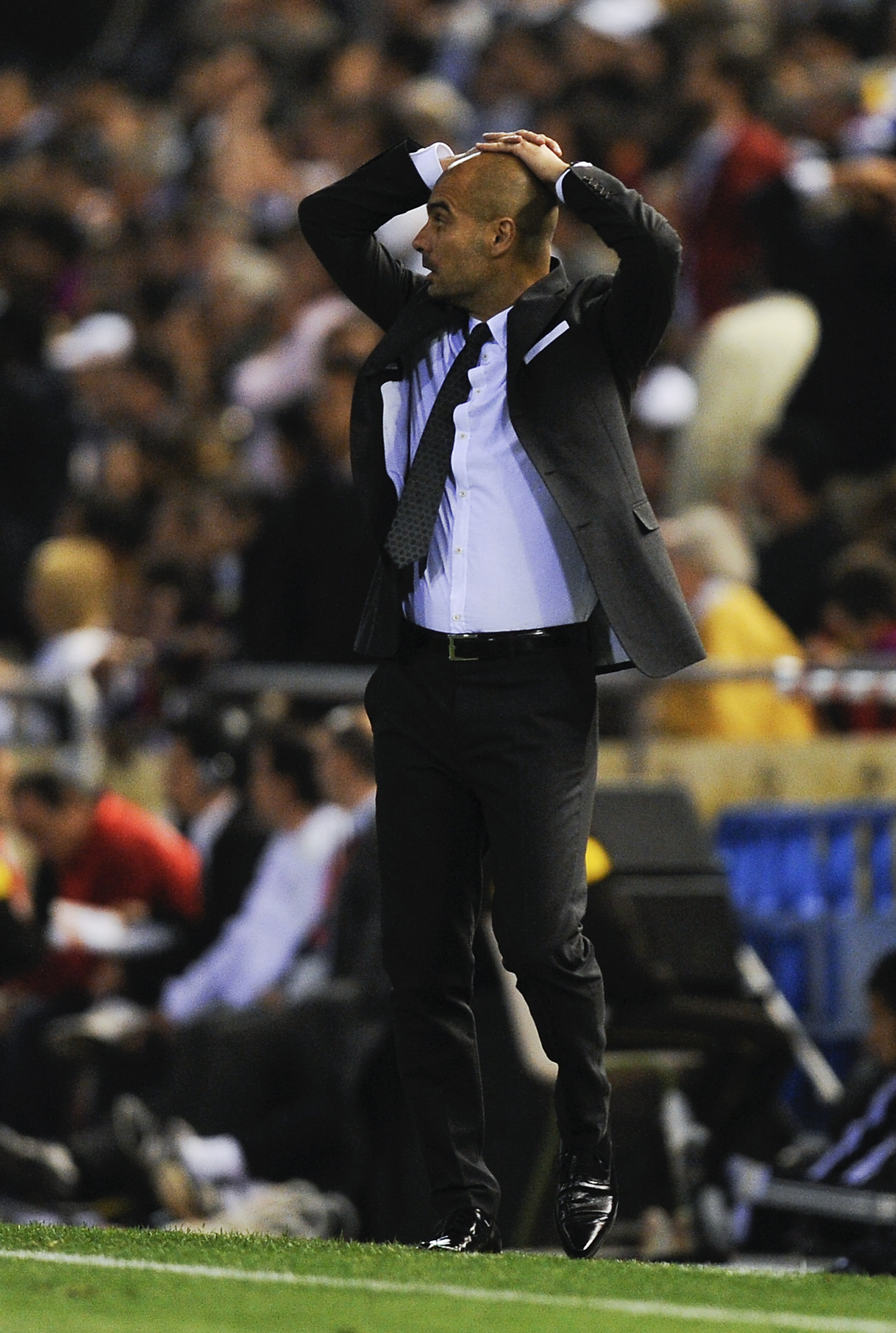 VALENCIA, SPAIN - APRIL 20:  Head coach of Barcelona Josep Guardiola reacts during the Copa del Rey Final between Real Madrid and Barcelona at Estadio Mestalla on April 20, 2011 in Valencia, Spain. Real Madrid won 1-0.  (Photo by David Ramos/Getty Images)